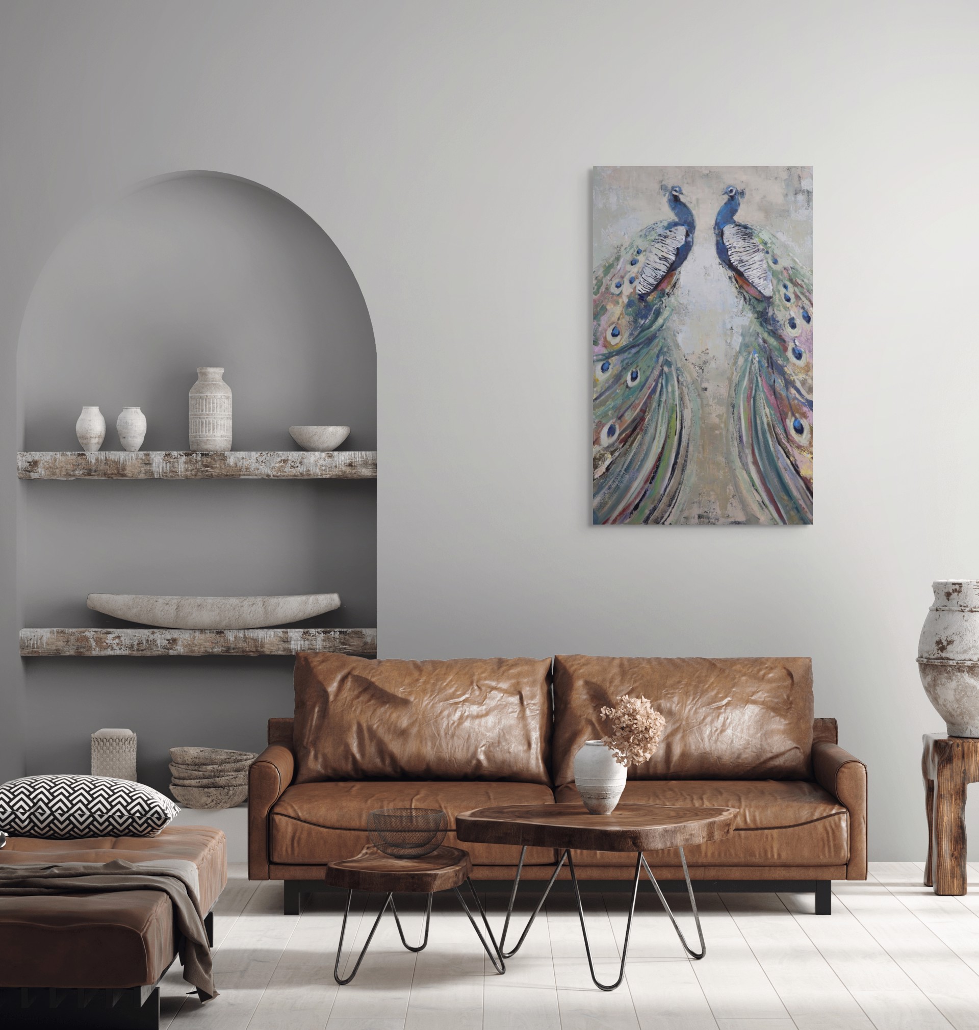 A painting of two peacocks on a beige background.