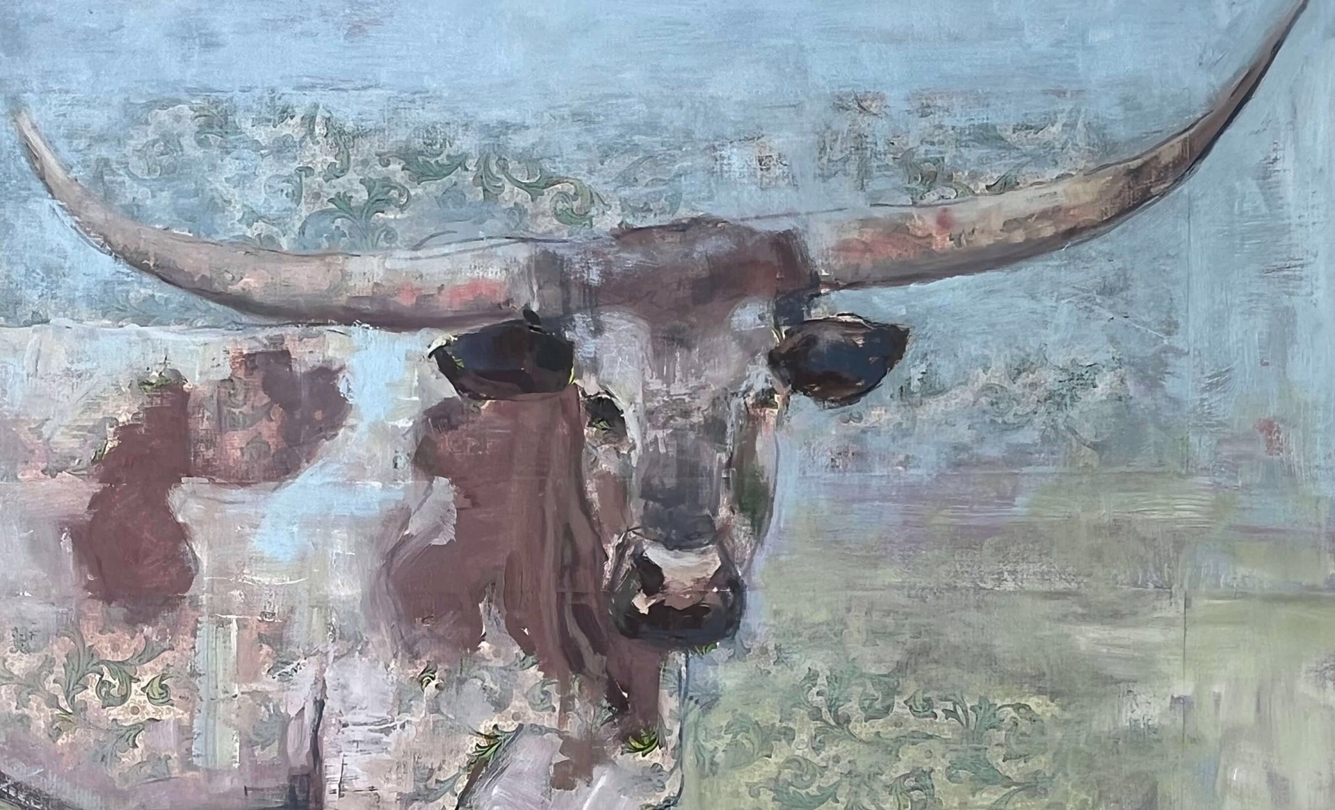A painting of a longhorn bull standing in a field.
