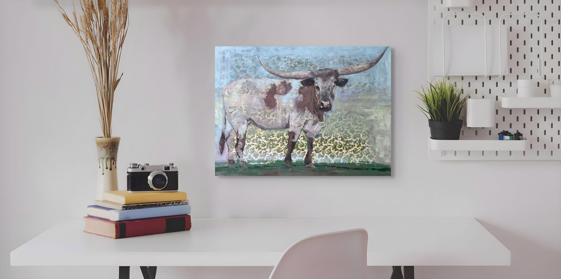 A painting of a longhorn bull standing in a field.