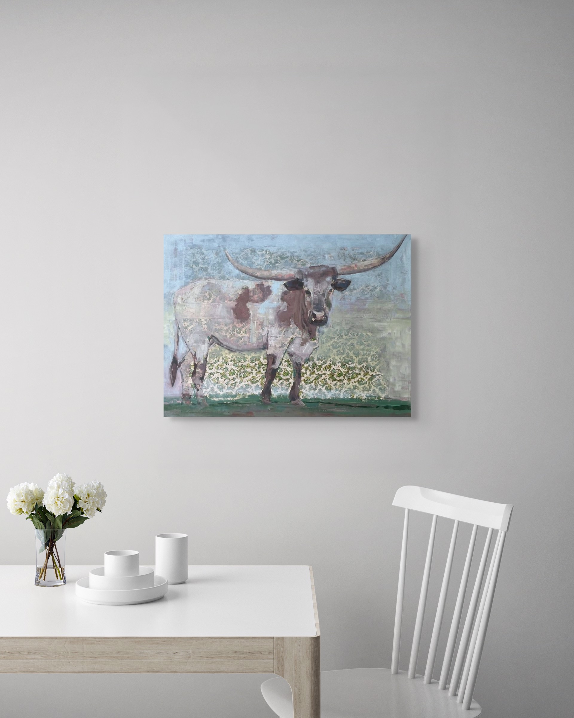 A painting of a longhorn bull standing in a field.