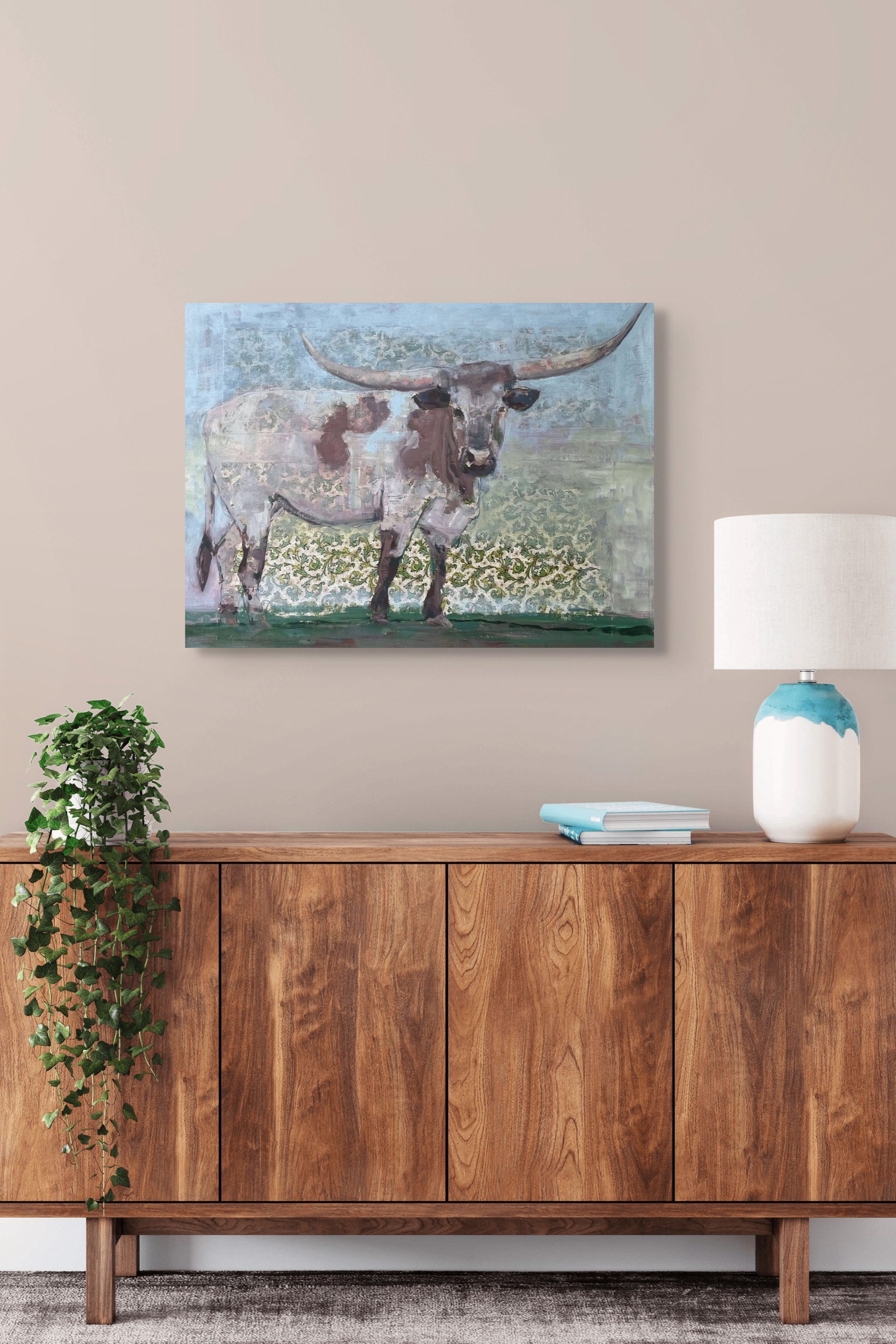 A painting of a longhorn bull standing in a field.
