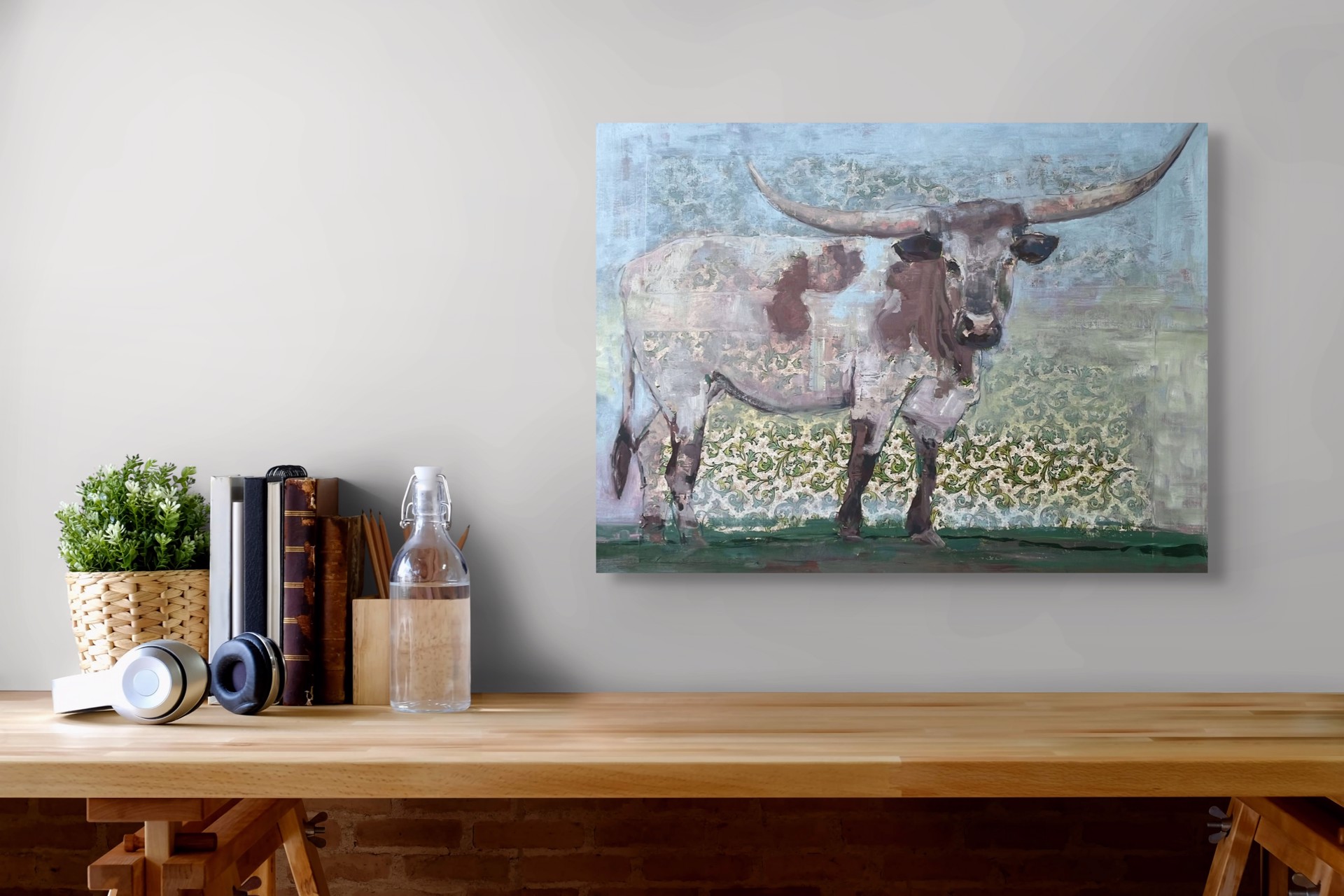 A painting of a longhorn bull standing in a field.