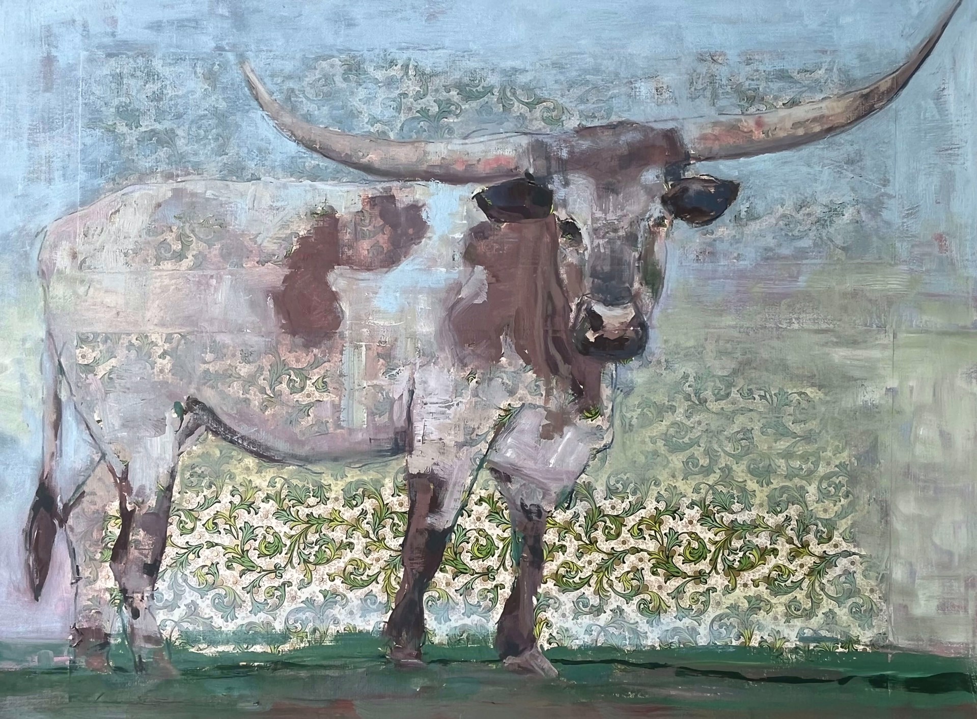 A painting of a longhorn bull standing in a field.
