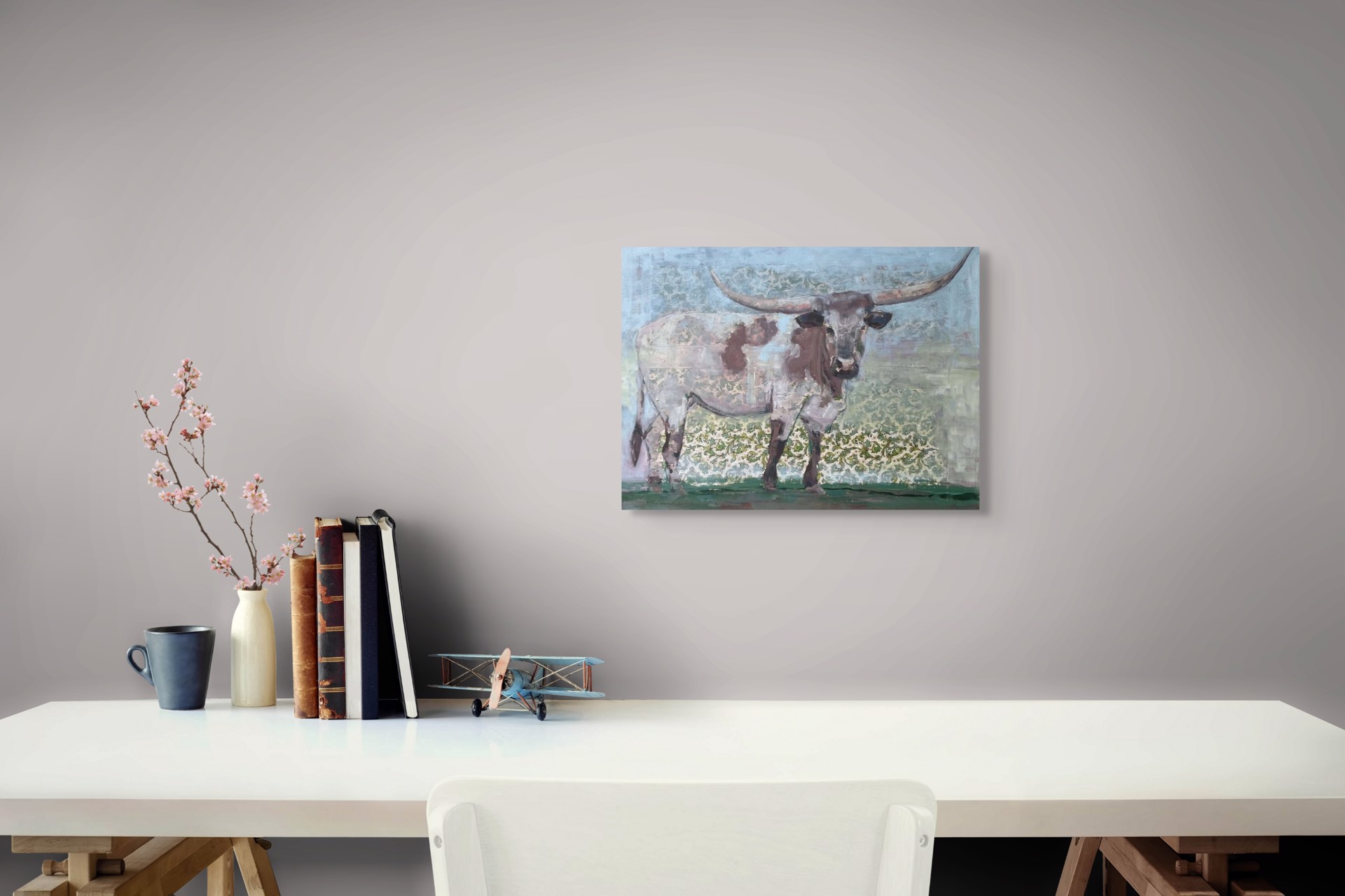 A painting of a longhorn bull standing in a field.