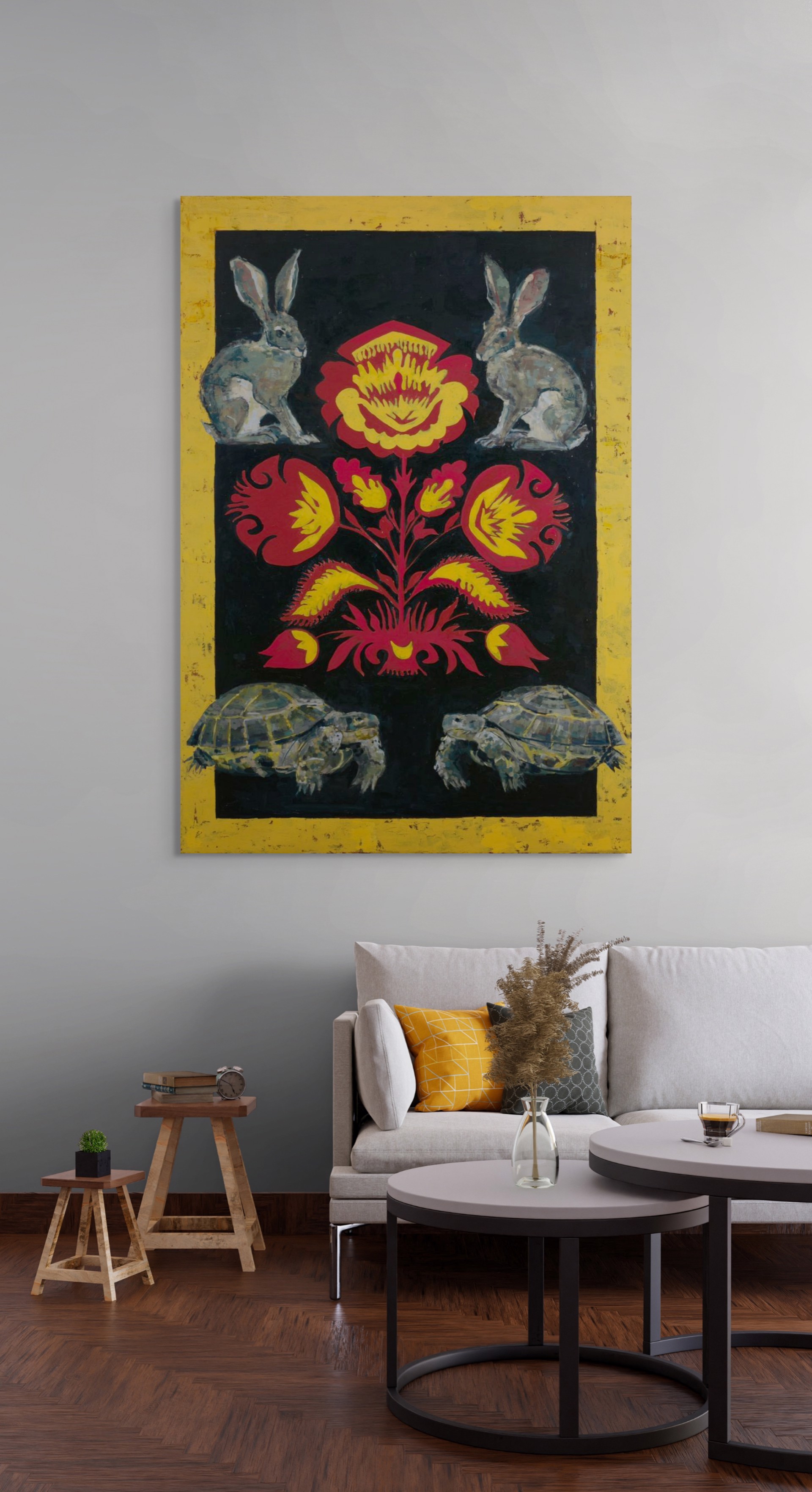 A painting of two rabbits and two turtles on a black background.