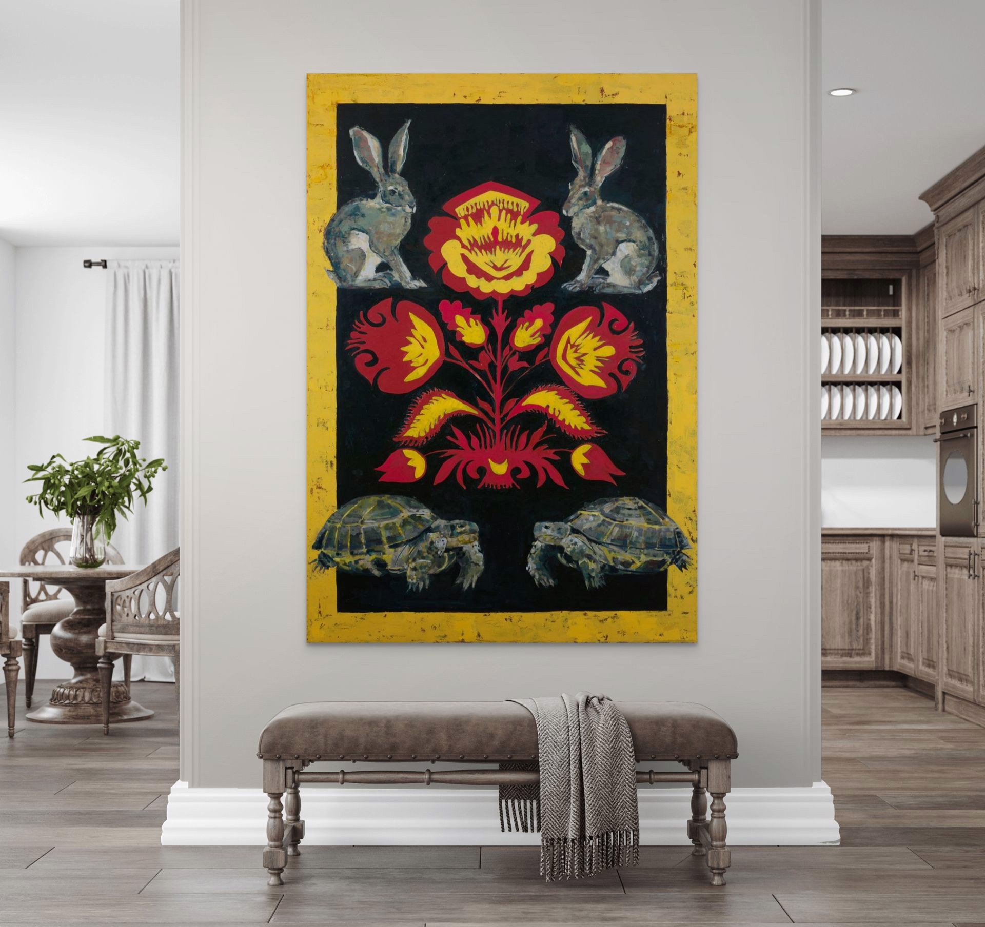 A painting of two rabbits and two turtles on a black background.