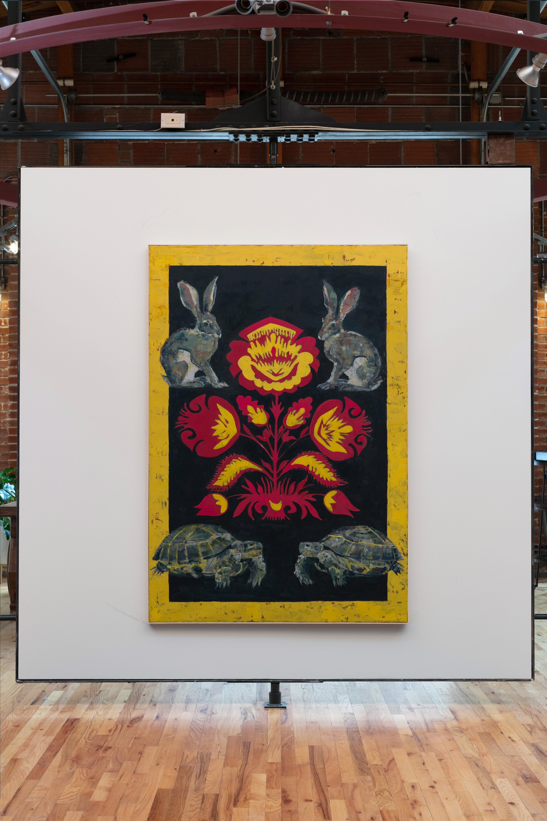 A painting of two rabbits and two turtles on a black background.