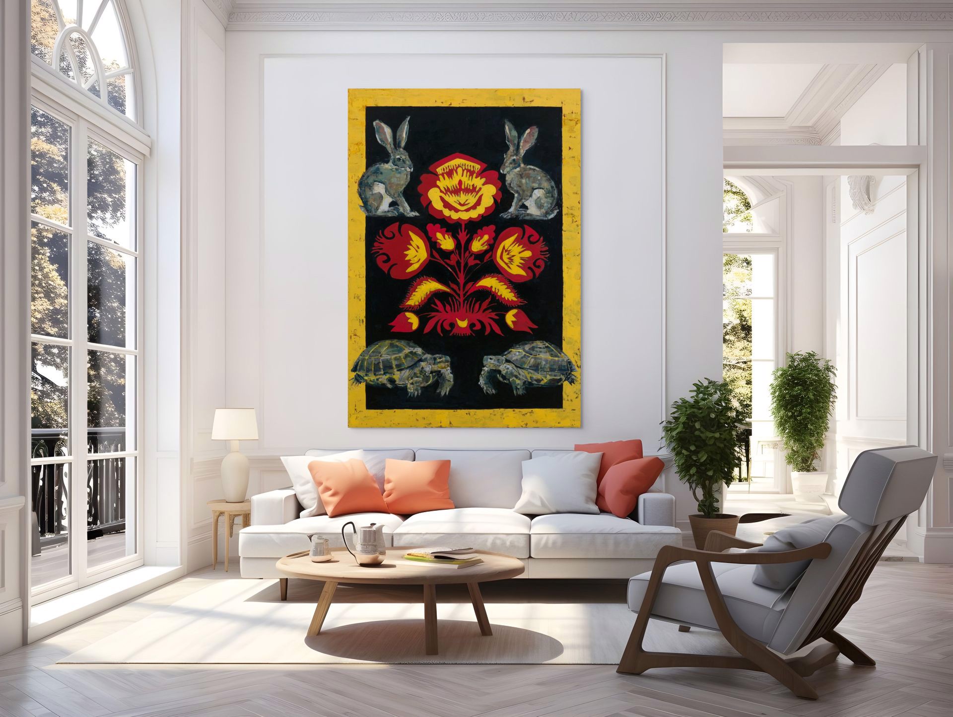 A painting of two rabbits and two turtles on a black background.