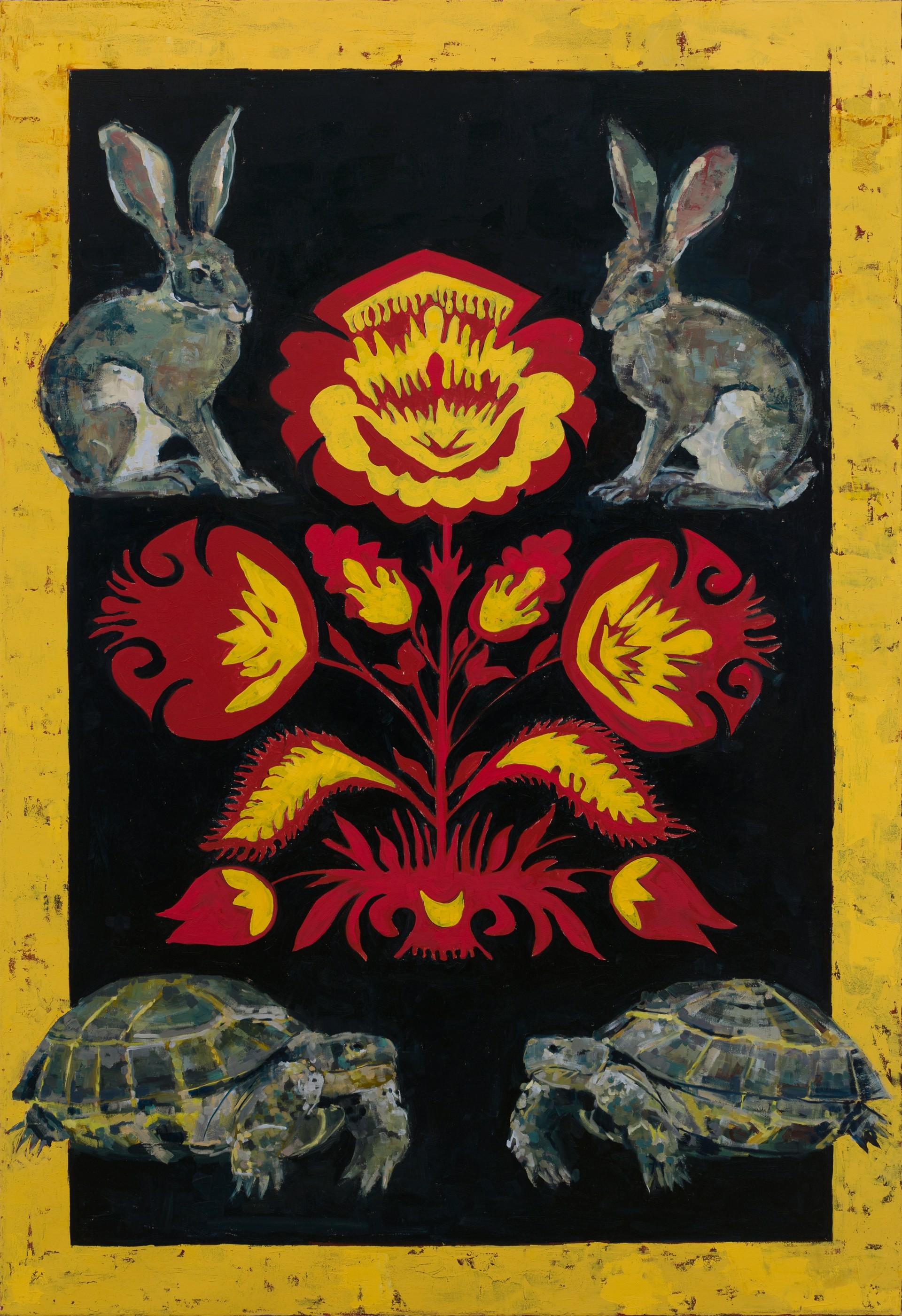 A painting of two rabbits and two turtles on a black background.