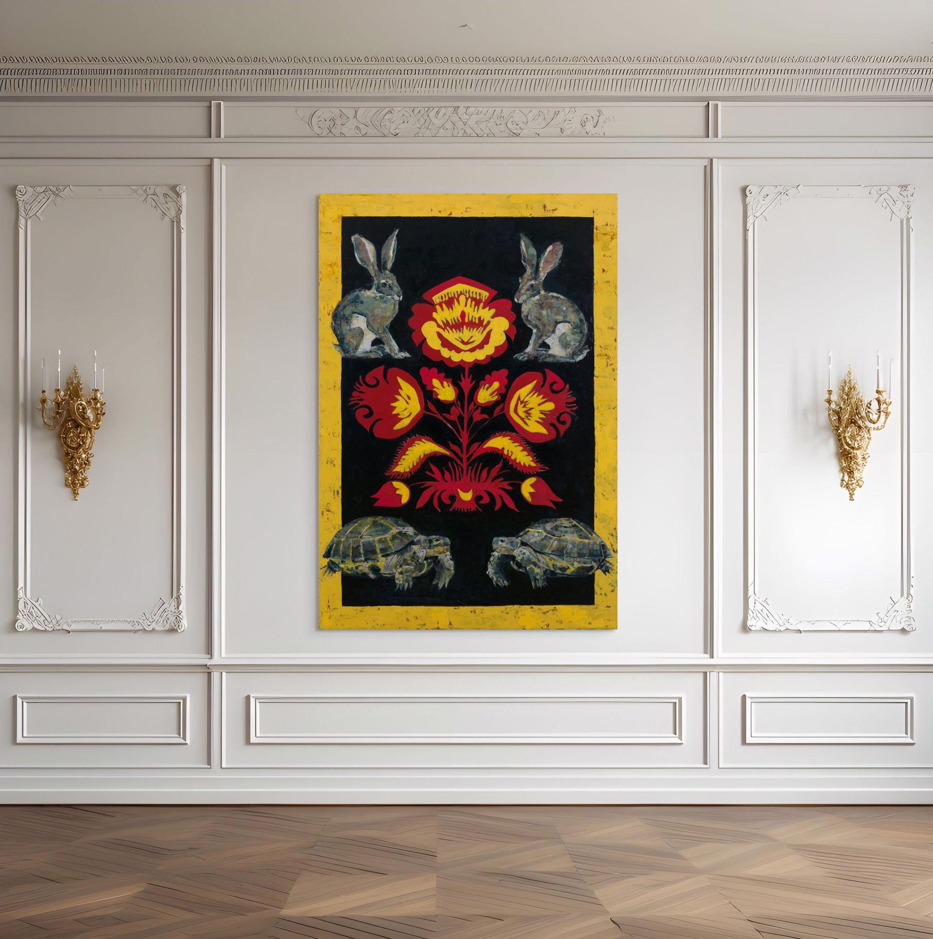 A painting of two rabbits and two turtles on a black background.
