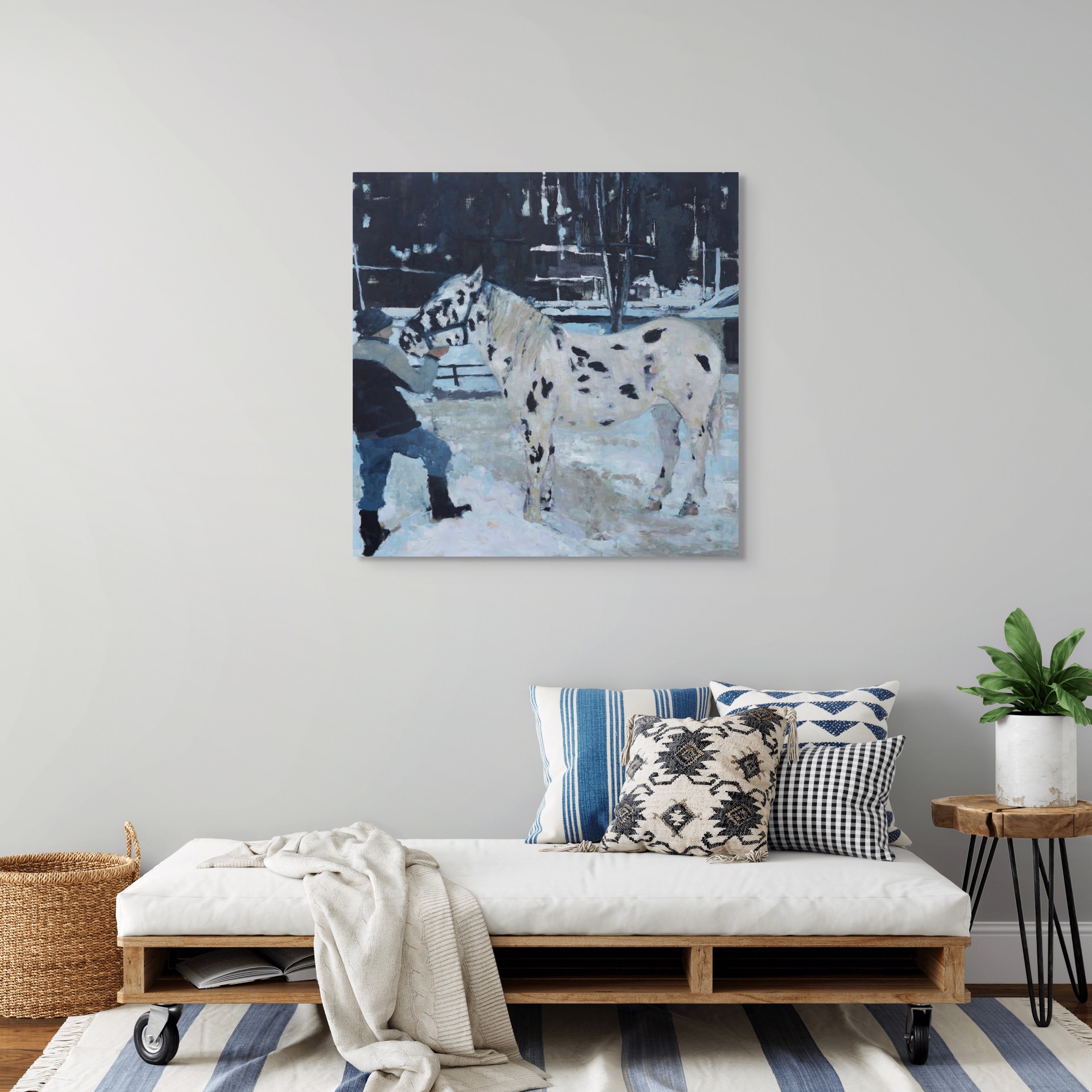 A painting of a man standing next to a horse in the snow.