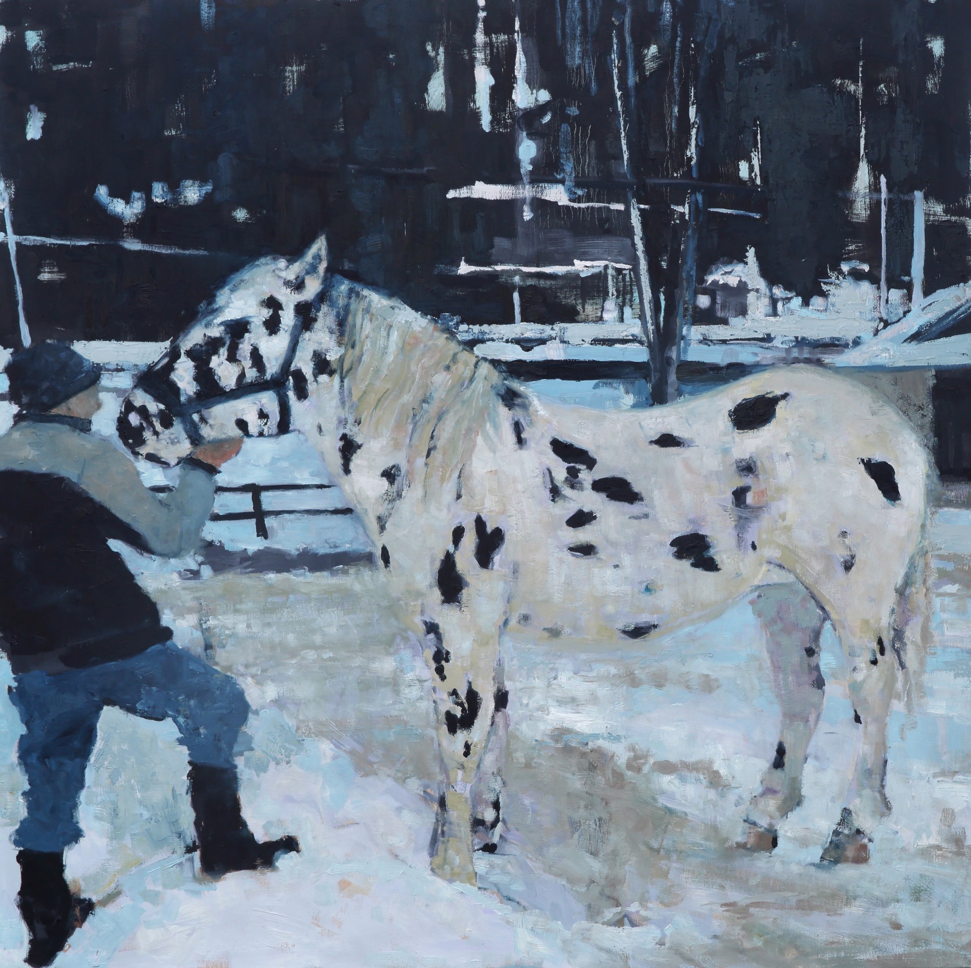A painting of a man standing next to a horse in the snow.