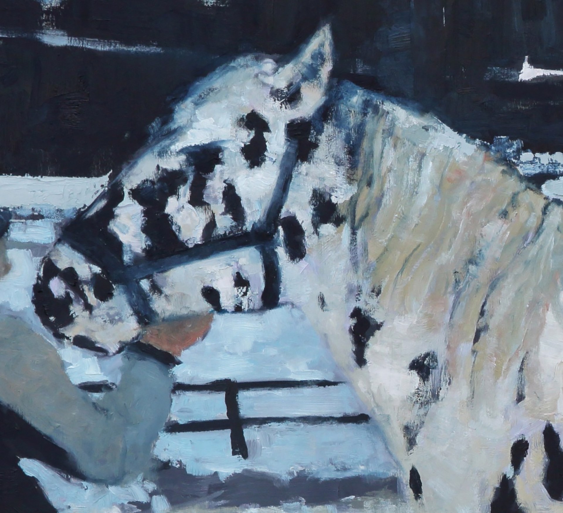 A painting of a man standing next to a horse in the snow.