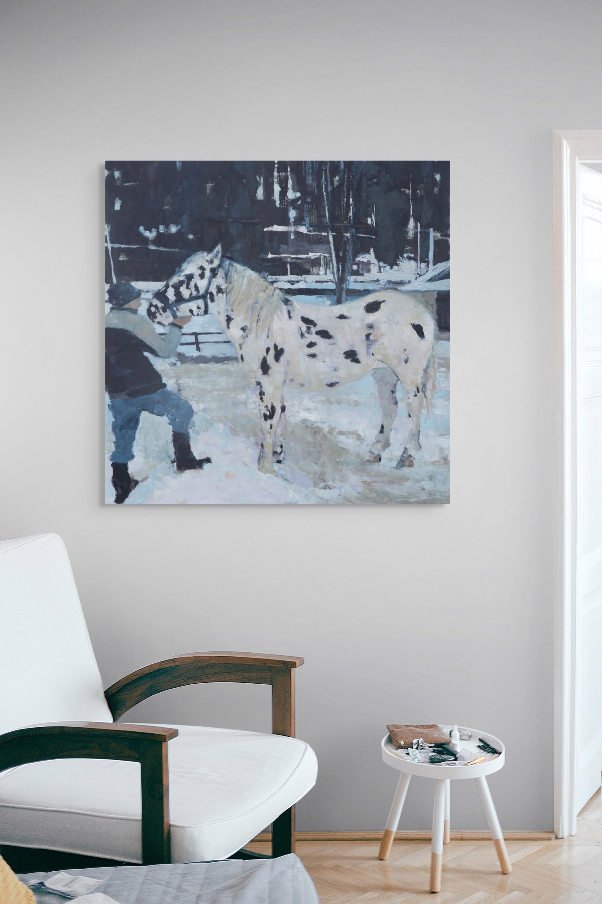 A painting of a man standing next to a horse in the snow.