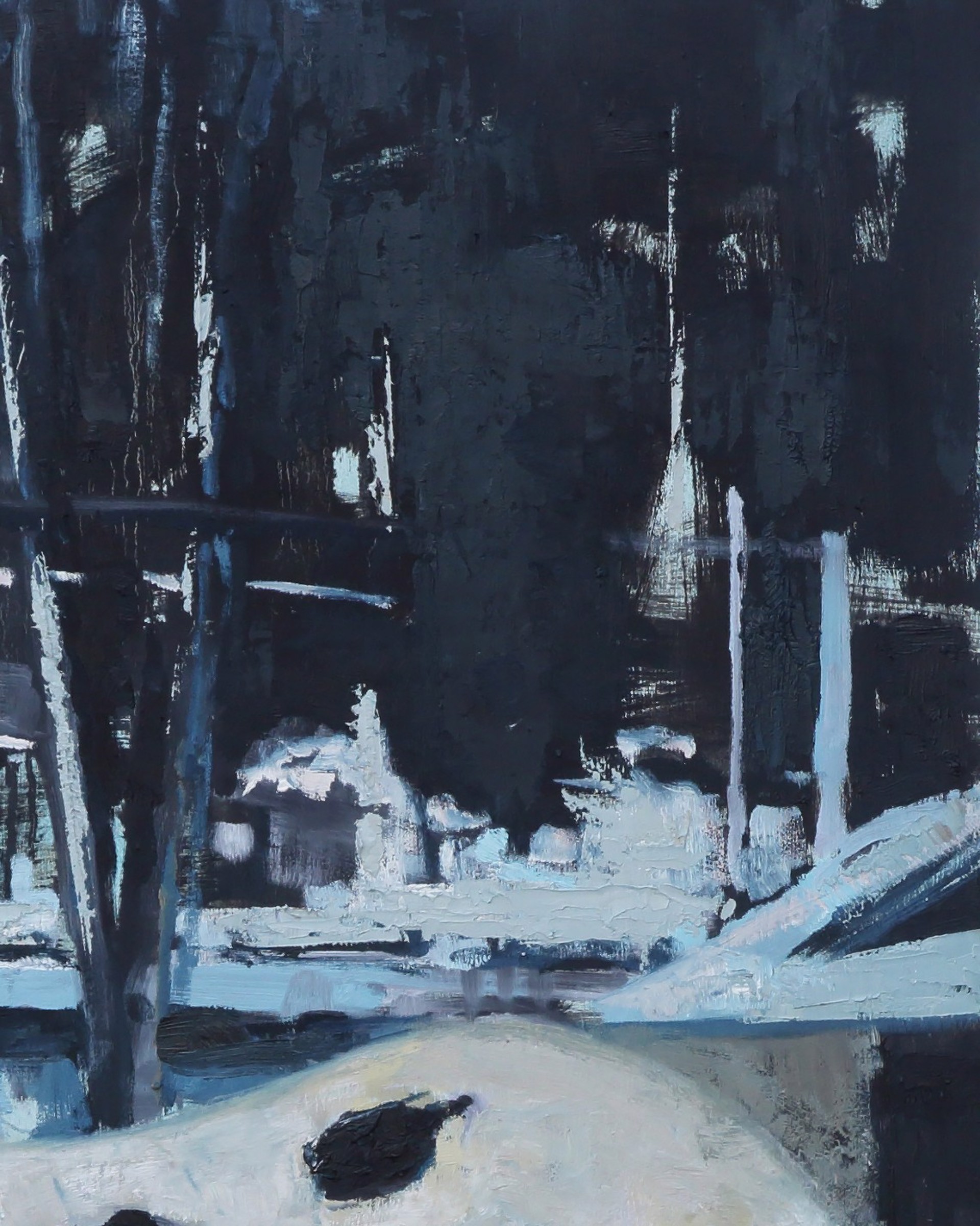 A painting of a man standing next to a horse in the snow.