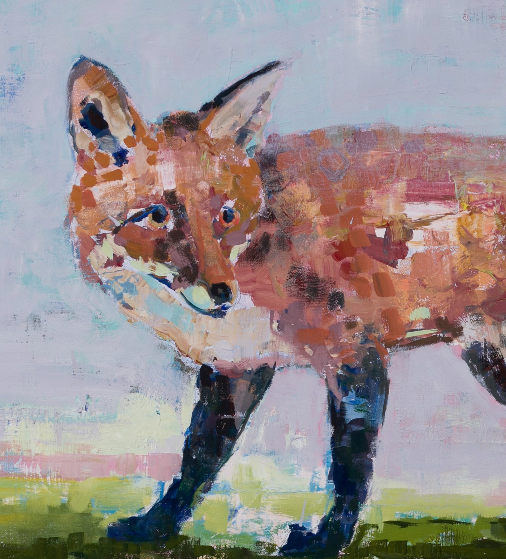 A painting of two foxes and a hare in a field.