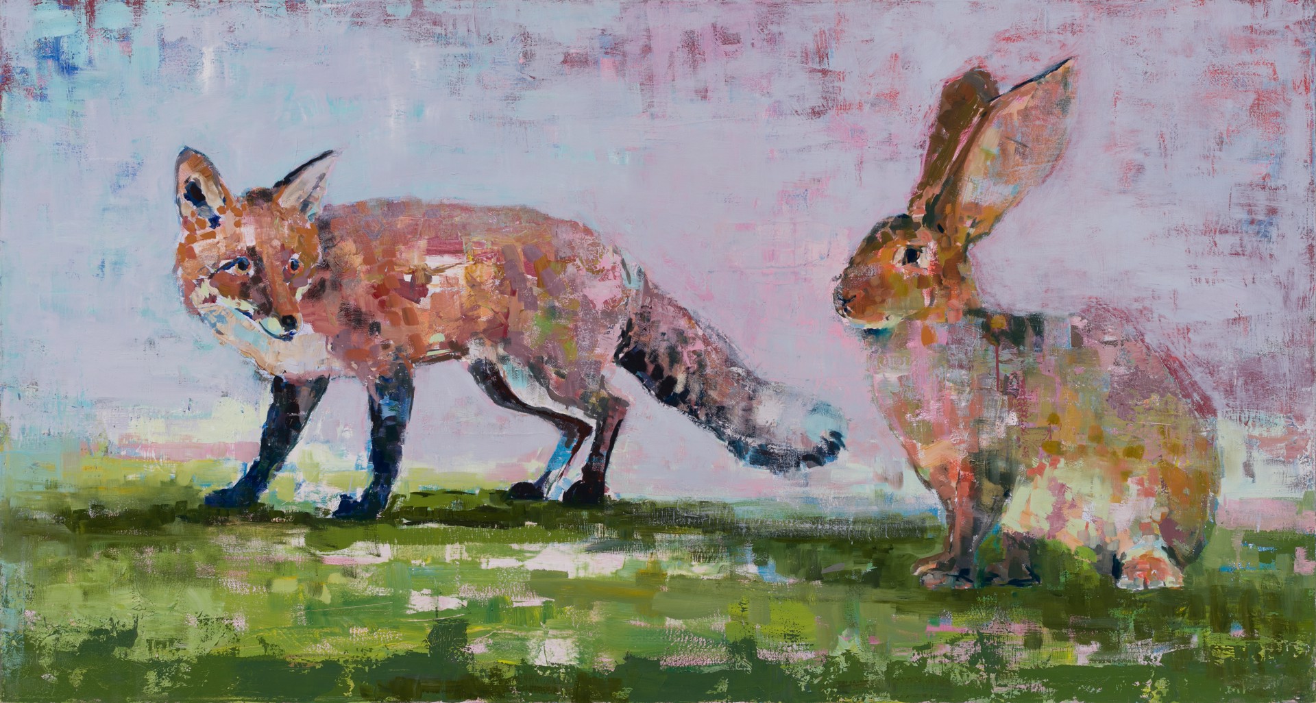 A painting of two foxes and a hare in a field.