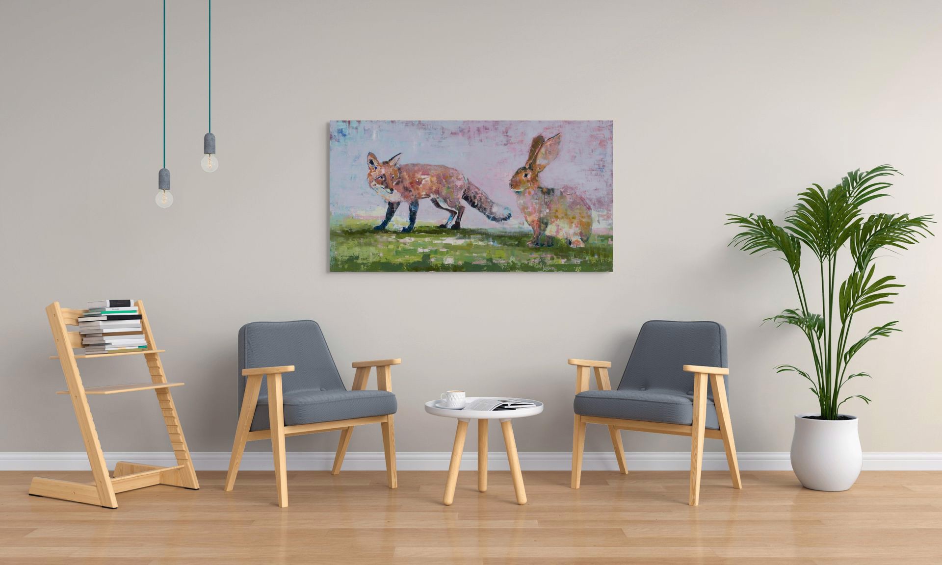 A painting of two foxes and a hare in a field.