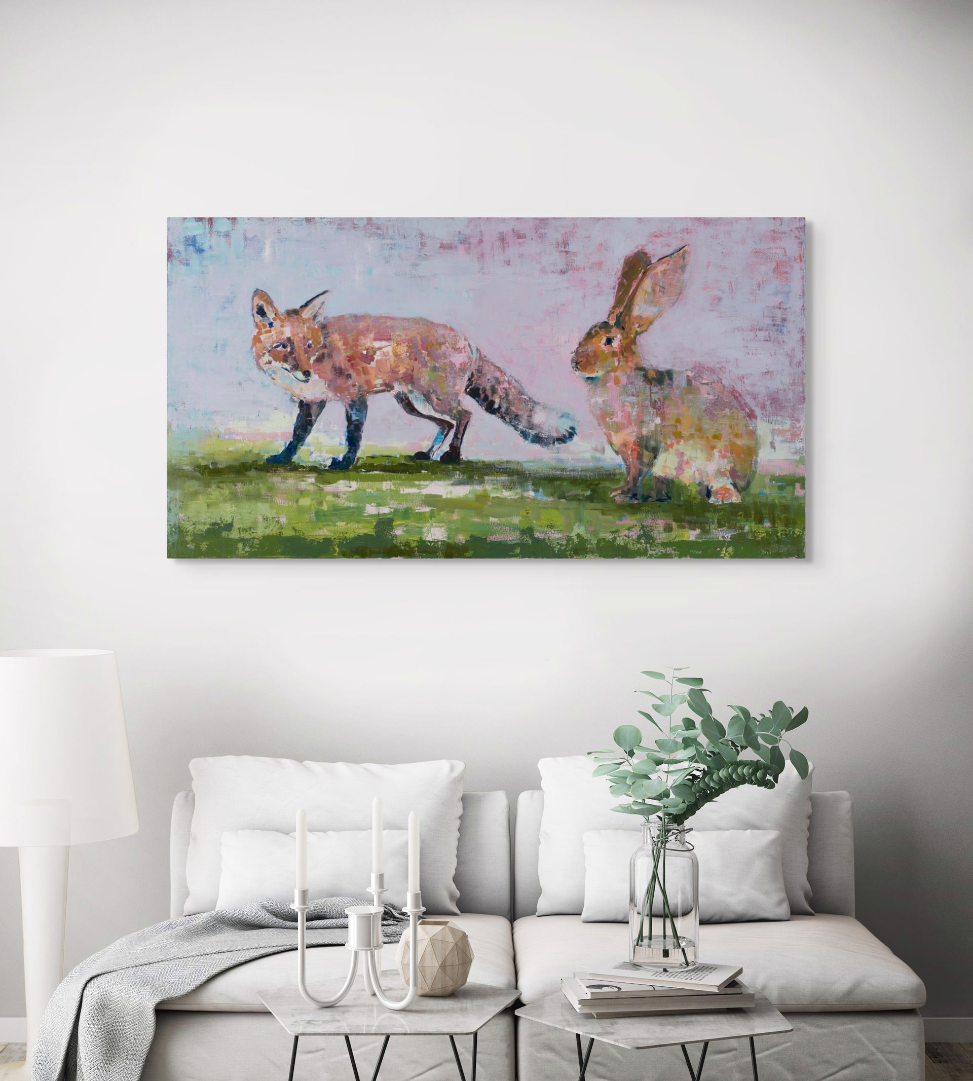 A painting of two foxes and a hare in a field.