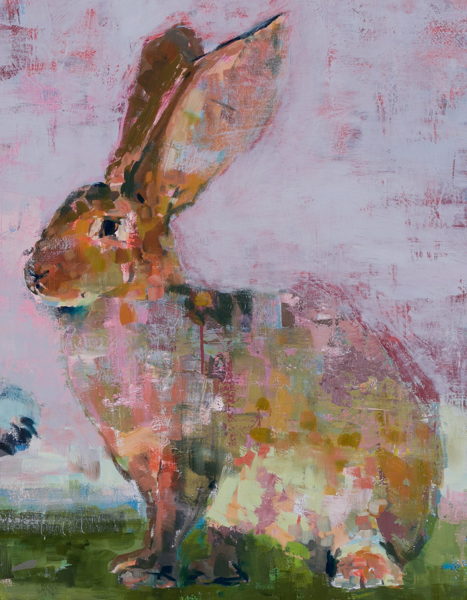 A painting of two foxes and a hare in a field.