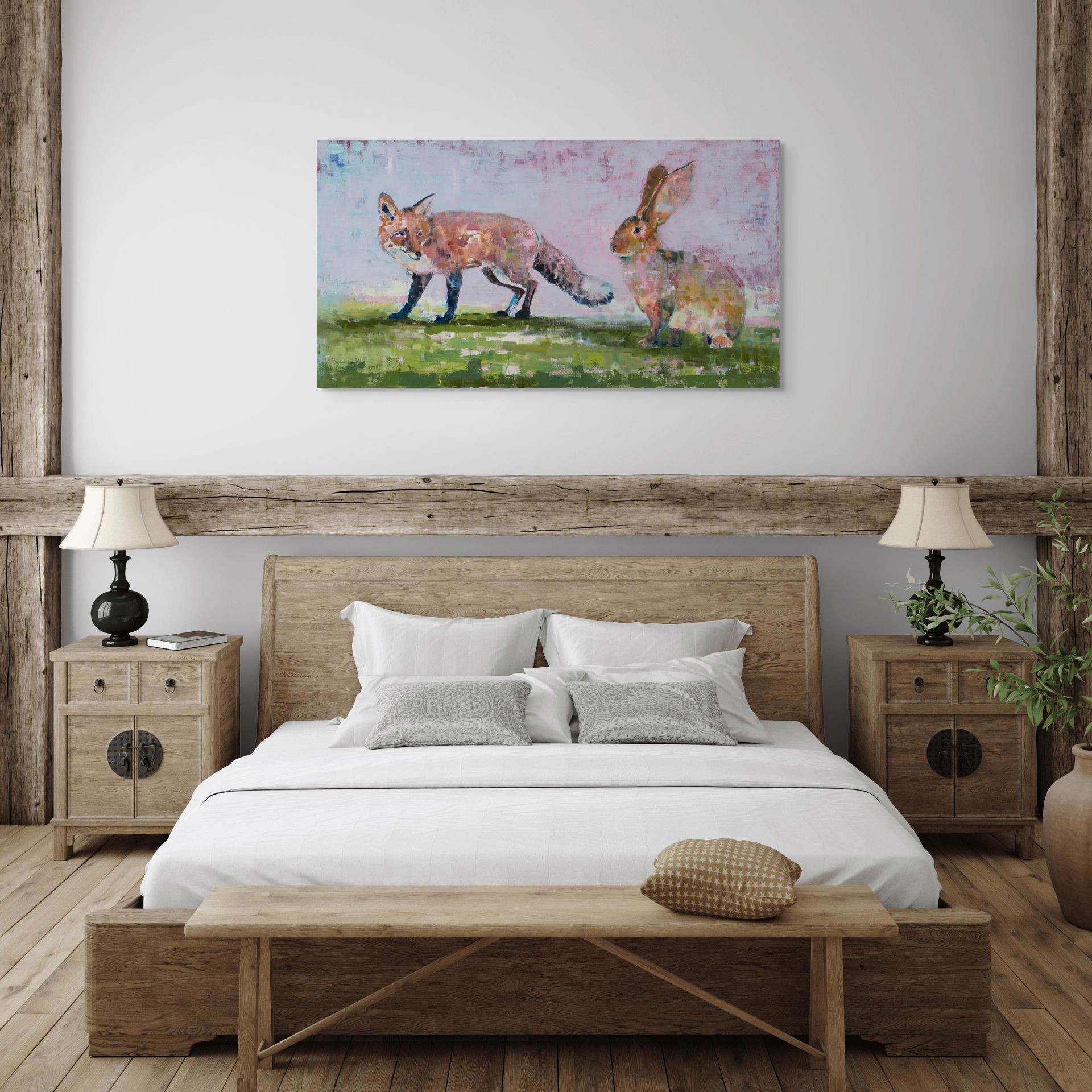 A painting of two foxes and a hare in a field.