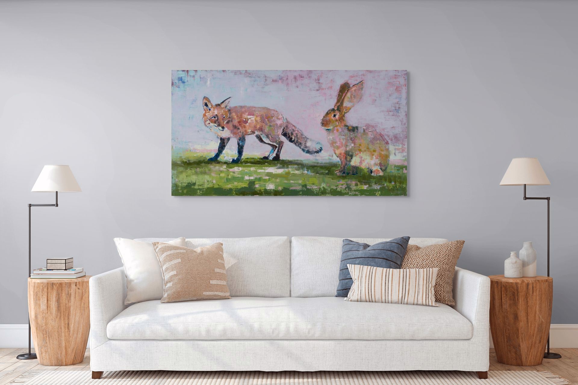 A painting of two foxes and a hare in a field.