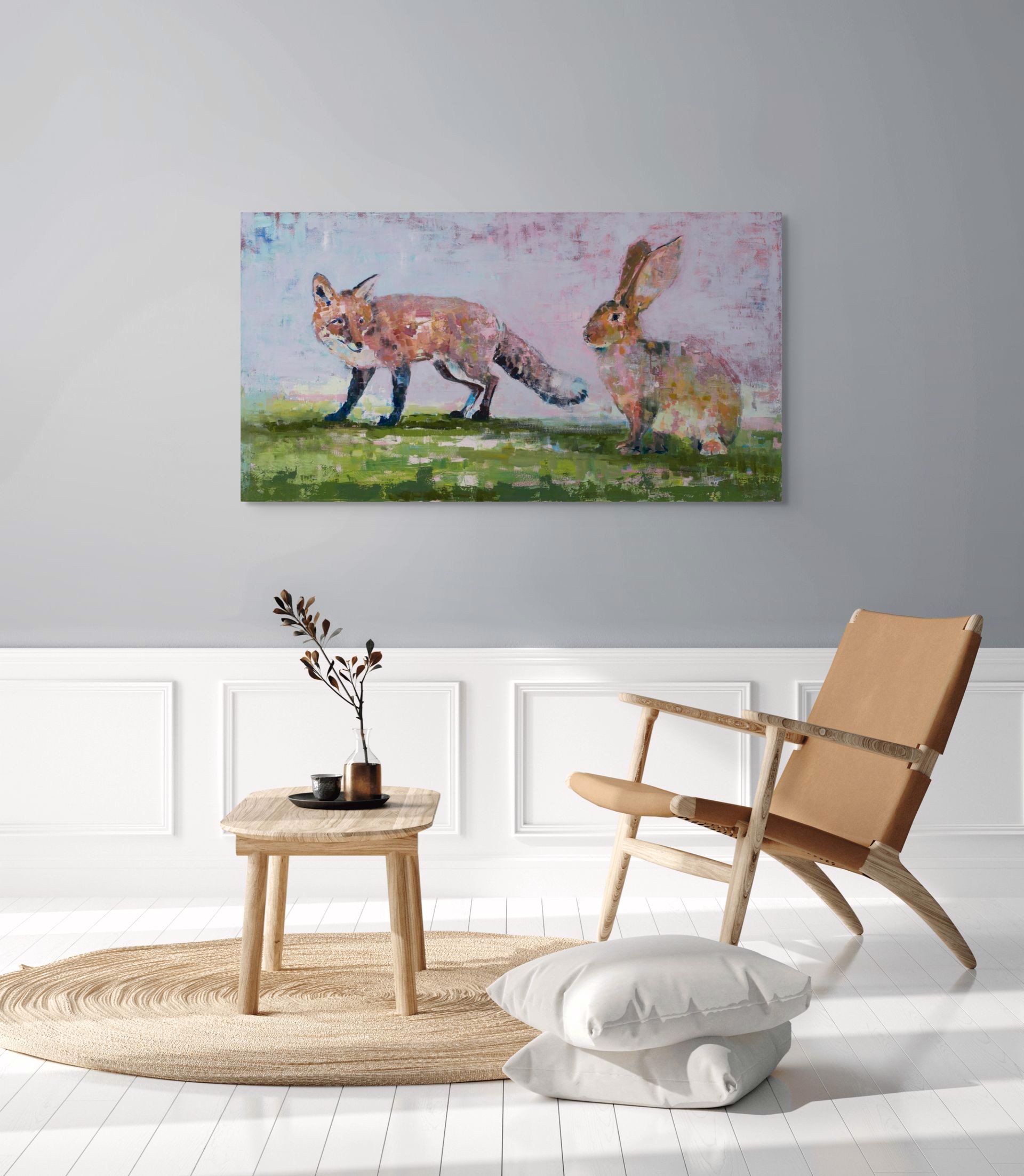 A painting of two foxes and a hare in a field.