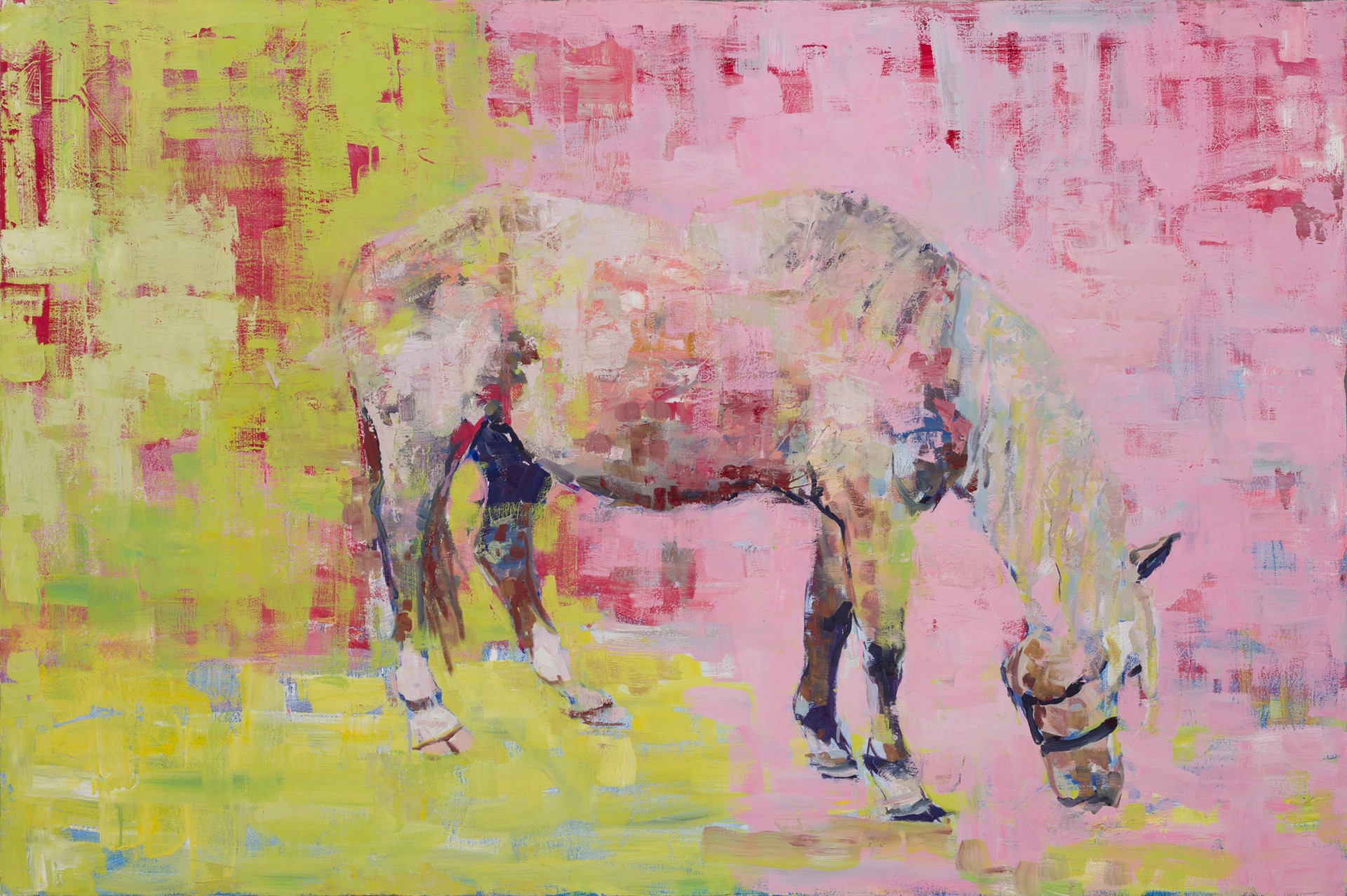 A painting of a horse grazing in a field.