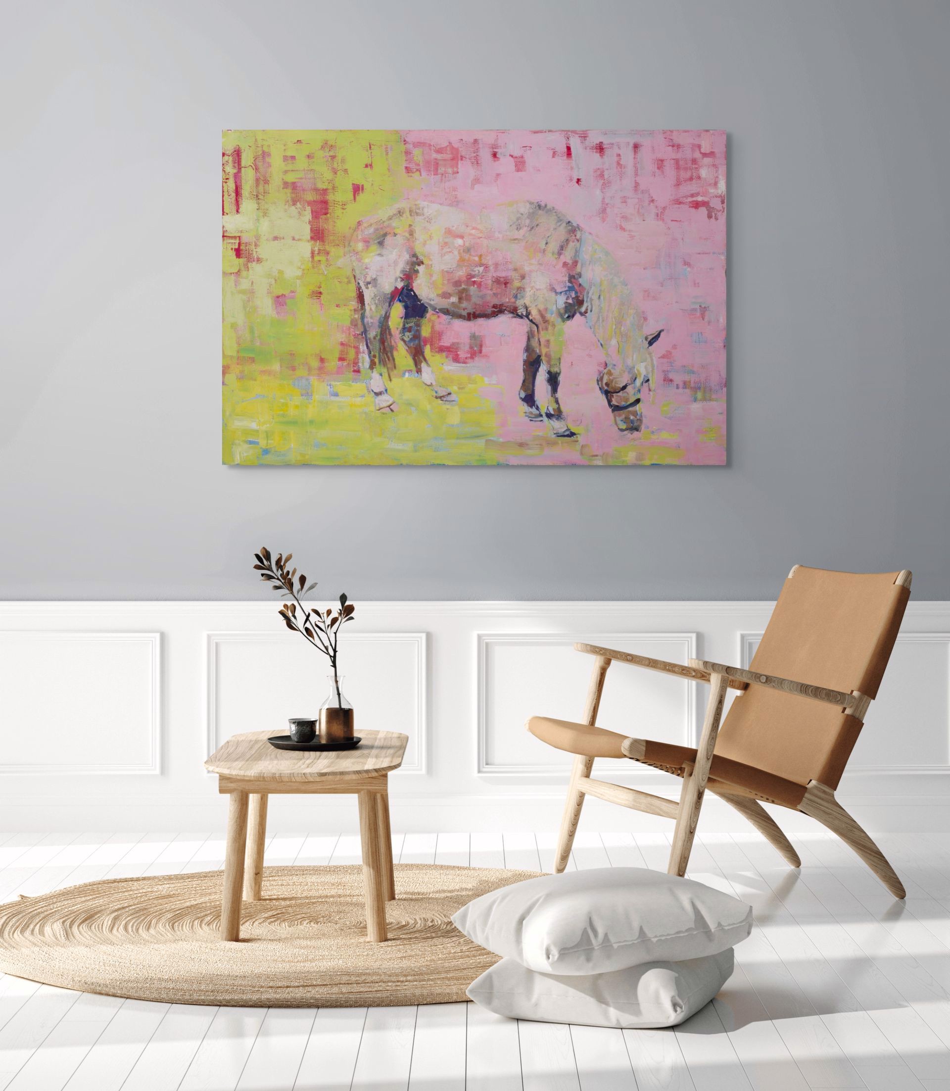 A painting of a horse grazing in a field.