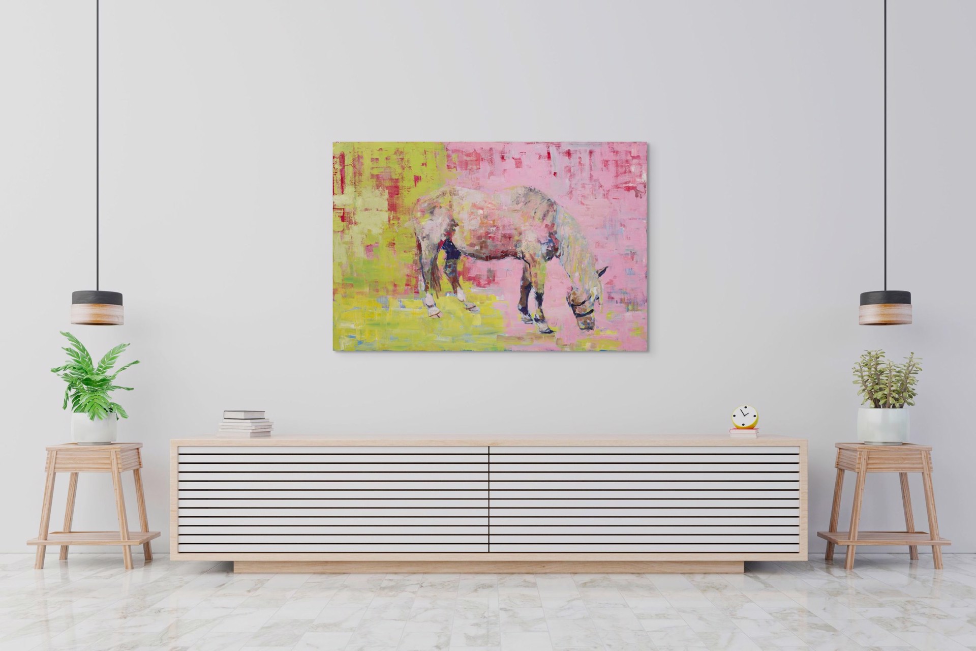 A painting of a horse grazing in a field.
