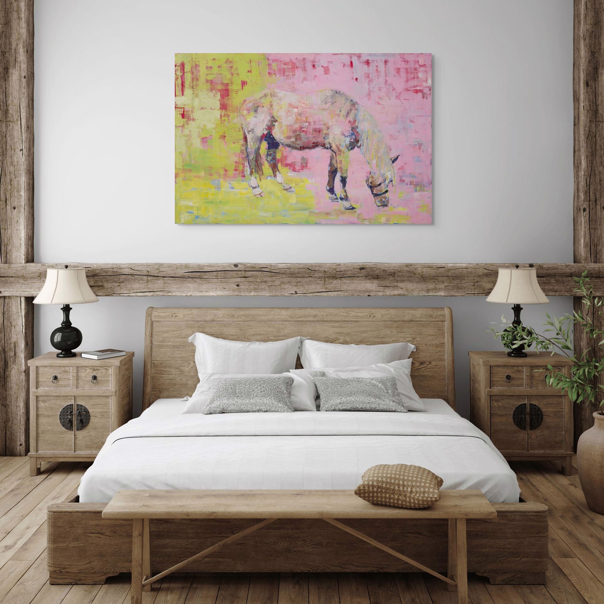 A painting of a horse grazing in a field.