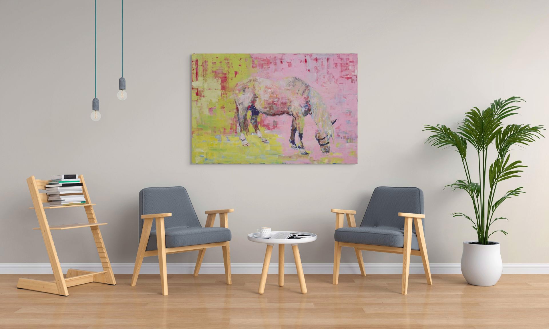 A painting of a horse grazing in a field.