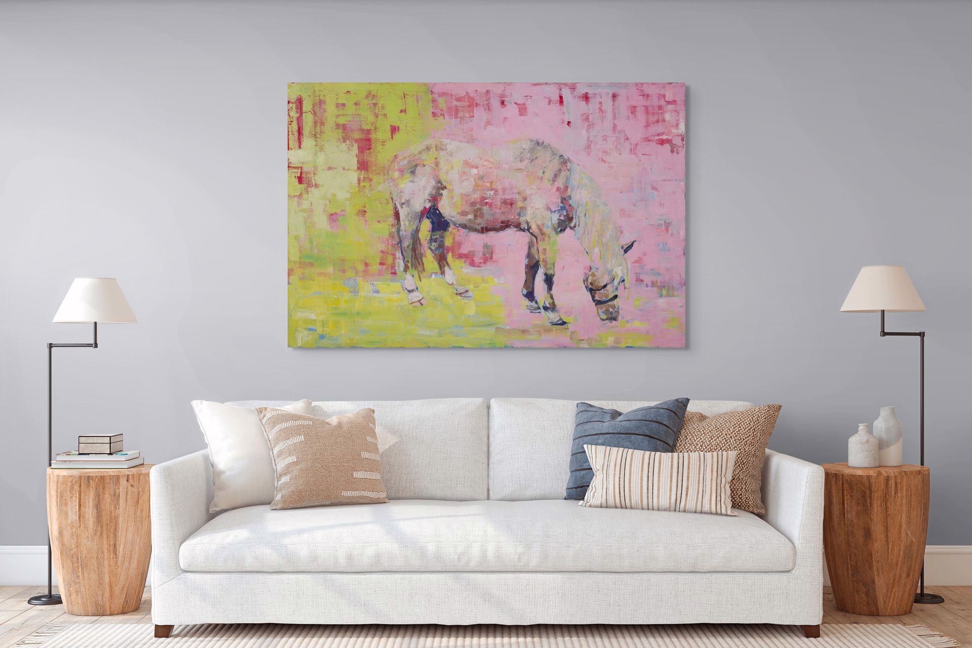 A painting of a horse grazing in a field.