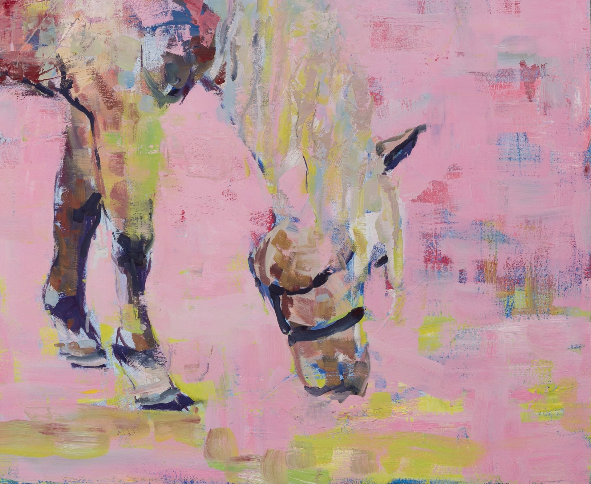 A painting of a horse grazing in a field.
