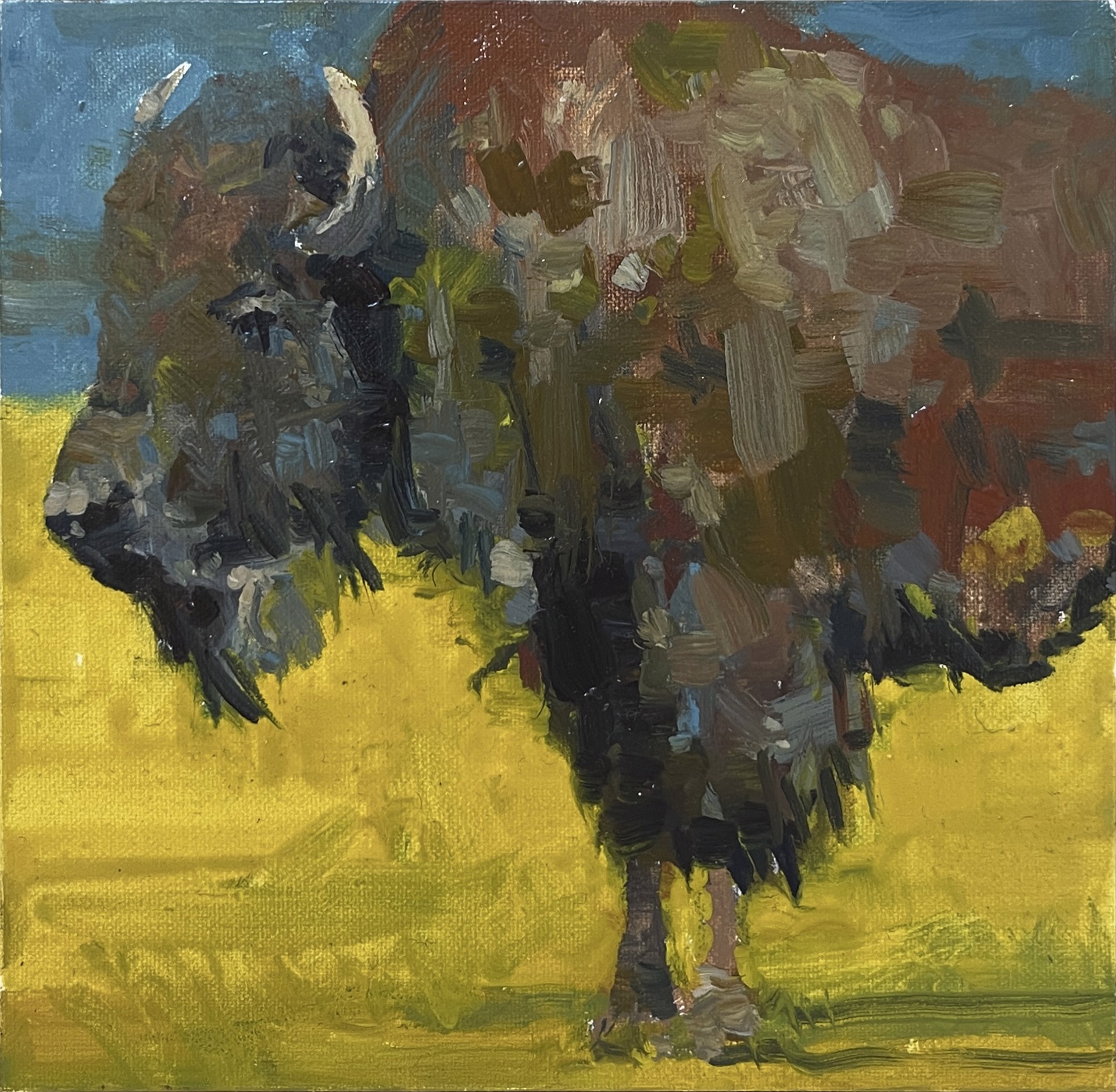 A painting of a bison standing in a field.