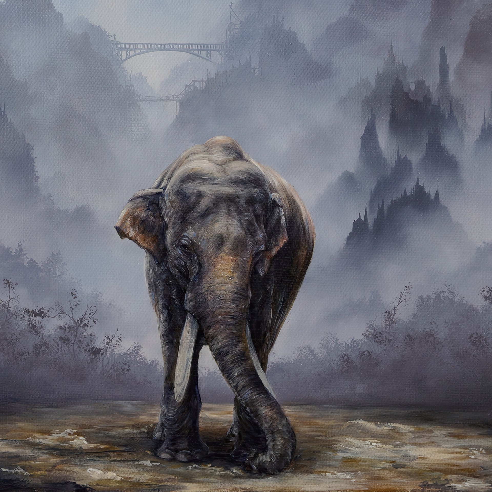 A painting of an elephant standing in the middle of a river.