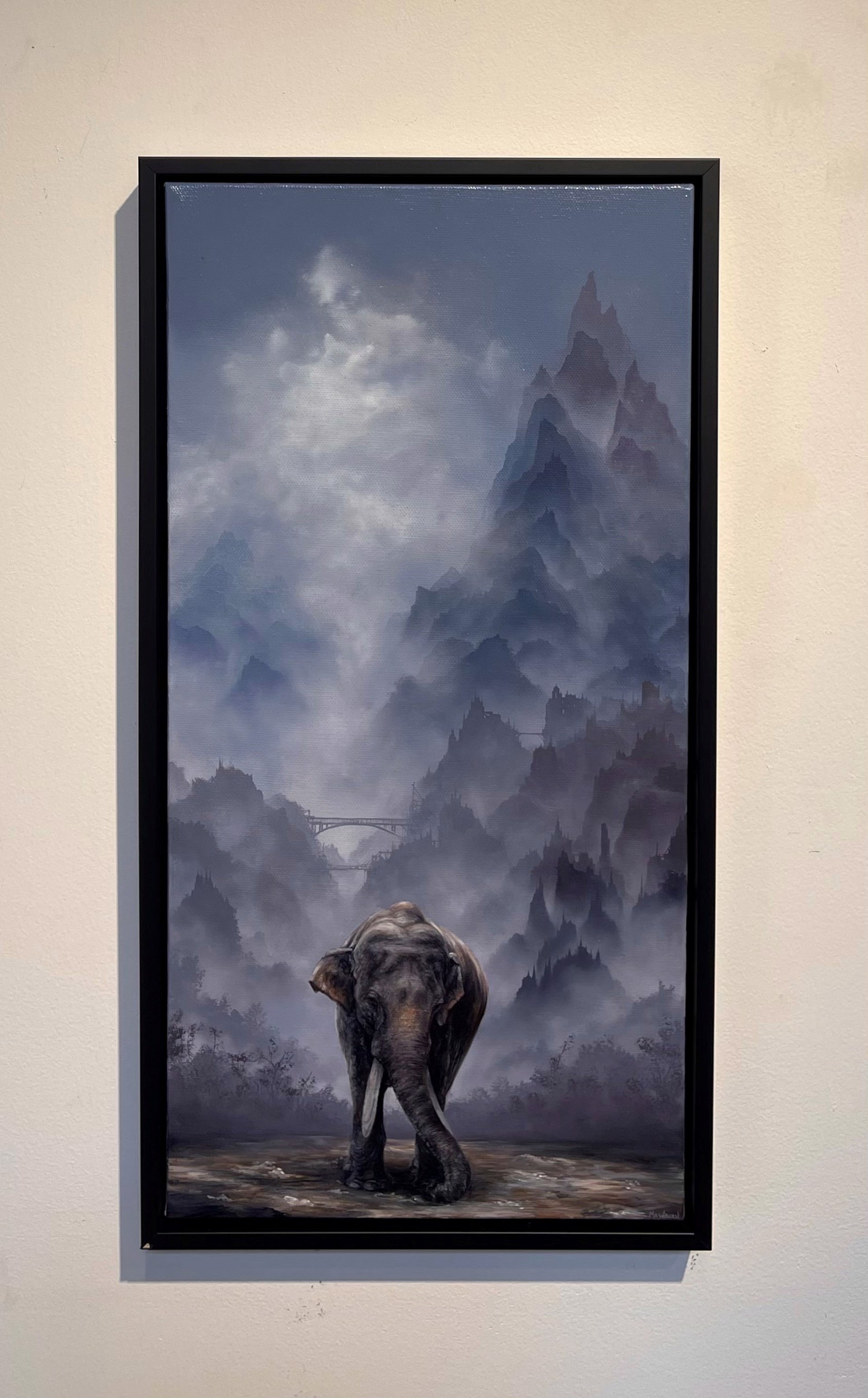 A painting of an elephant standing in the middle of a river.