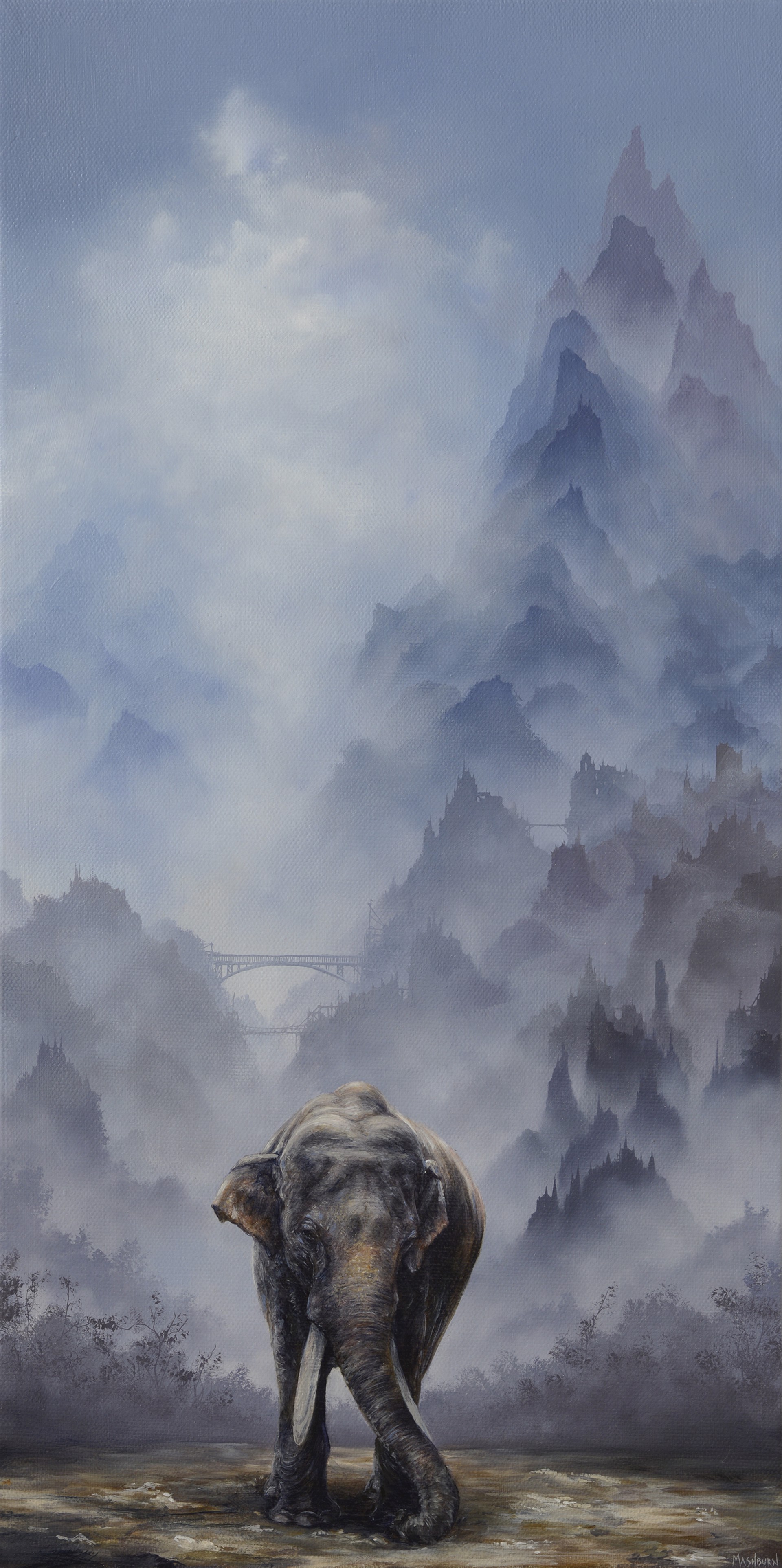 A painting of an elephant standing in the middle of a river.
