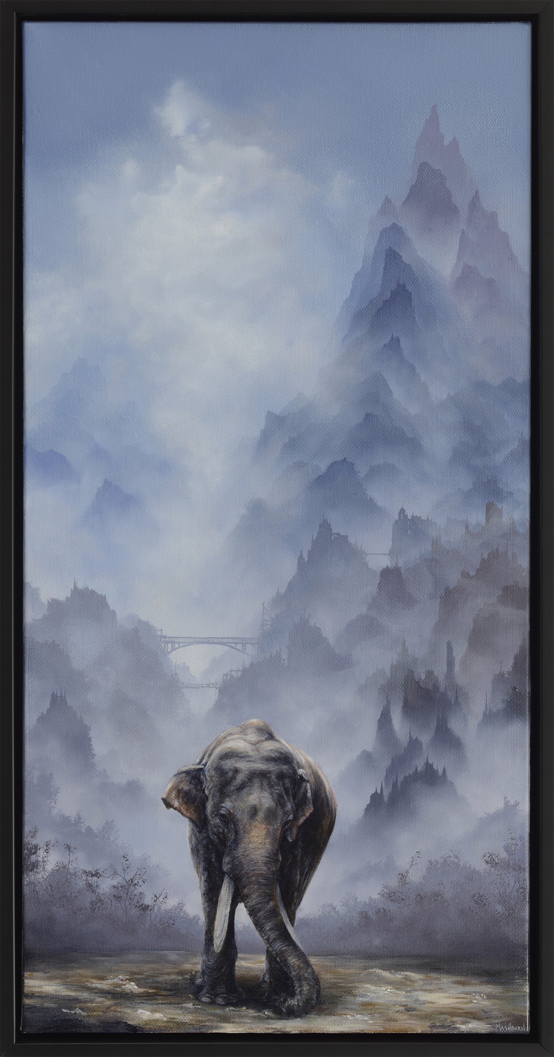 A painting of an elephant standing in the middle of a river.
