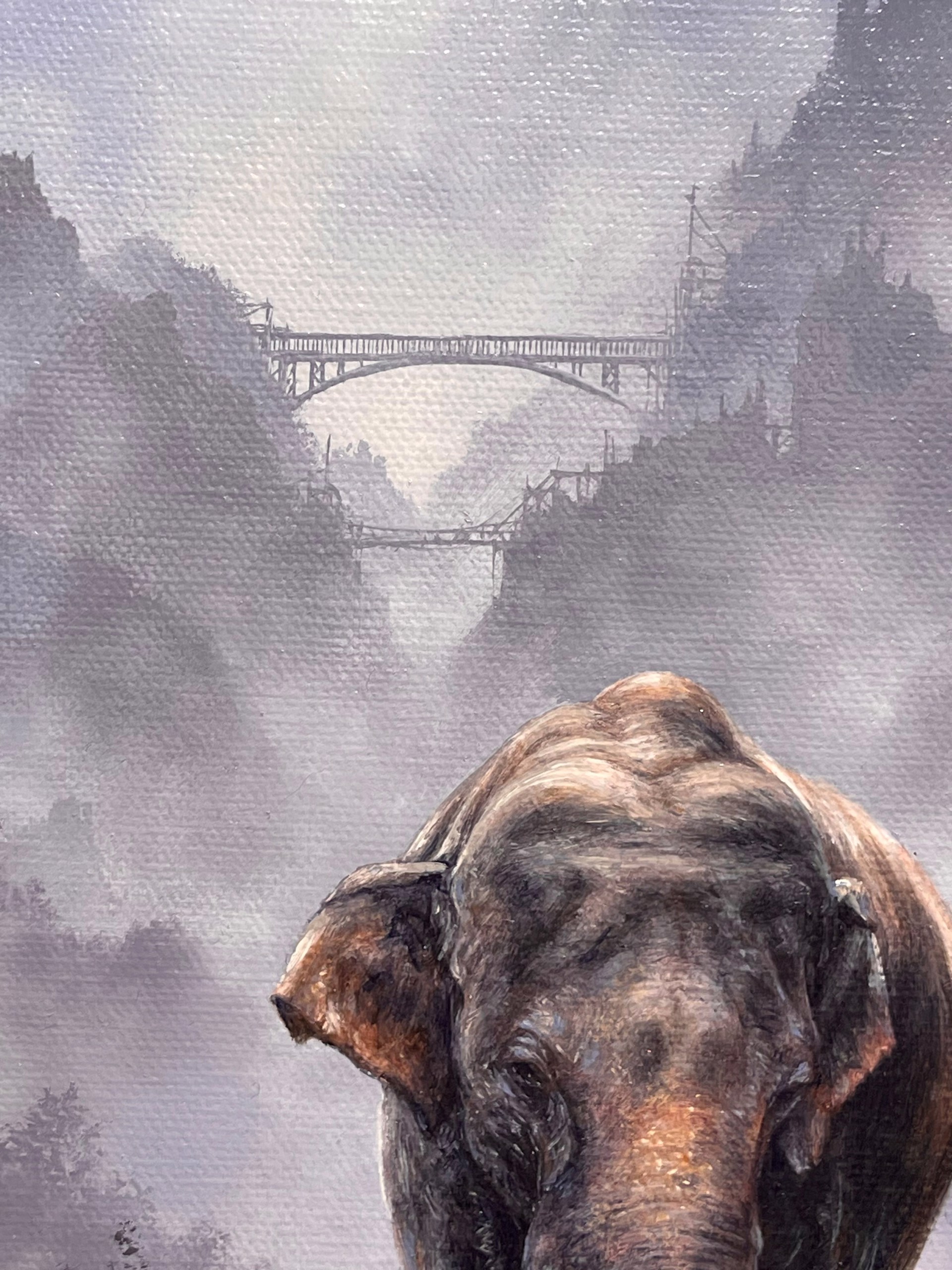 A painting of an elephant standing in the middle of a river.