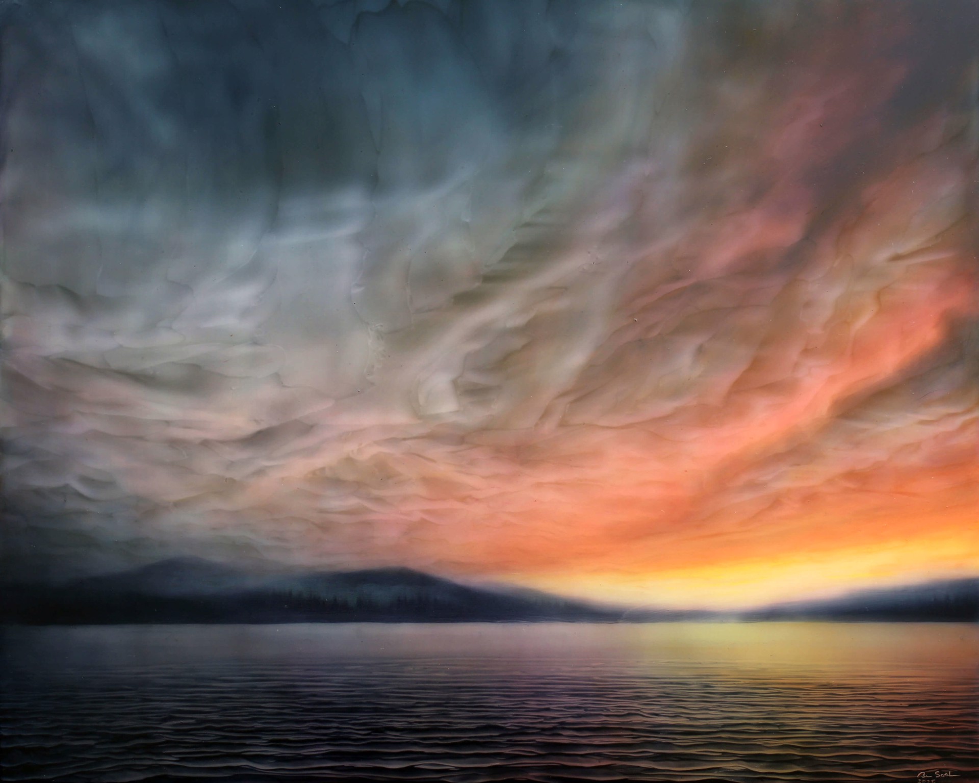 "A dramatic seascape at twilight featuring a textured sky and distant mountains."