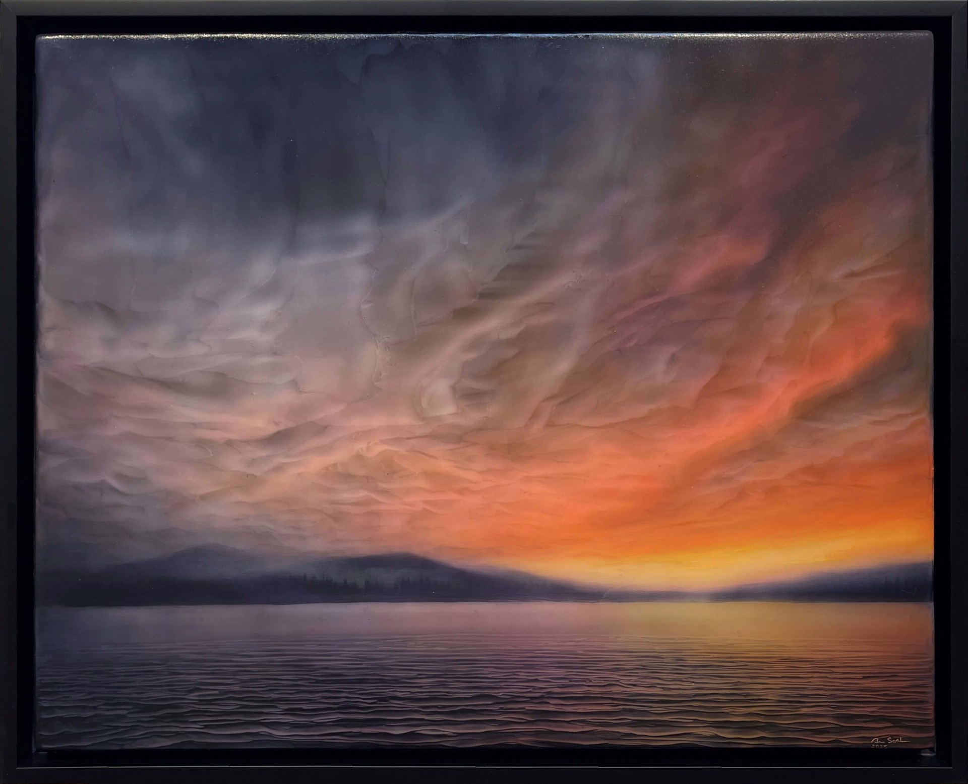 "A dramatic seascape at twilight featuring a textured sky and distant mountains."