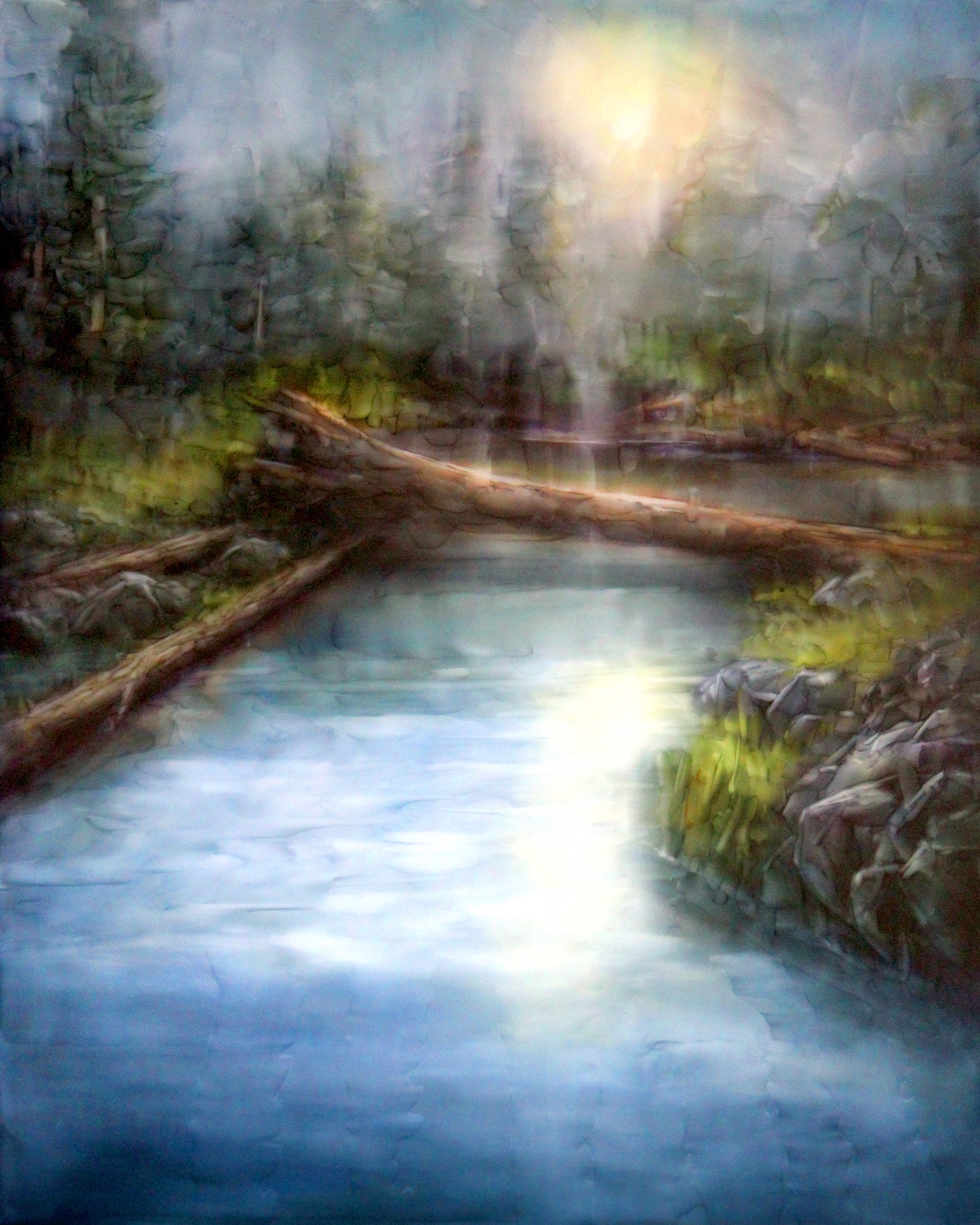 A painting of a stream in the woods with a fallen tree in the foreground.