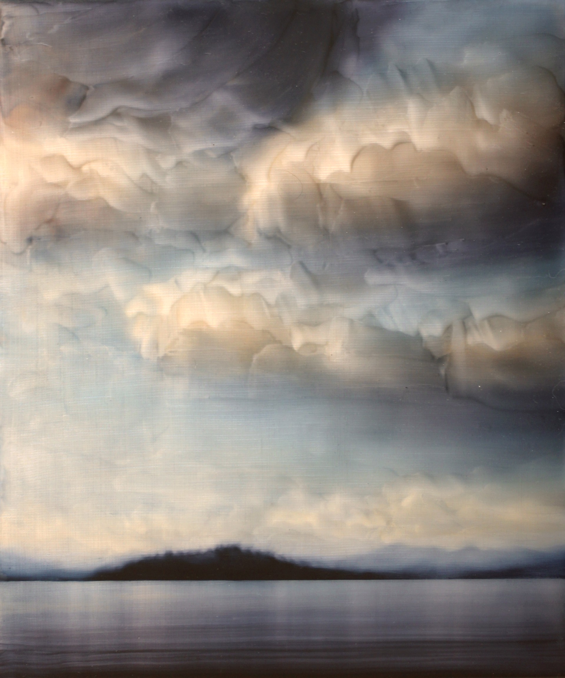 "A moody seascape painting featuring a dark silhouette of land against a dramatic, textured sky."