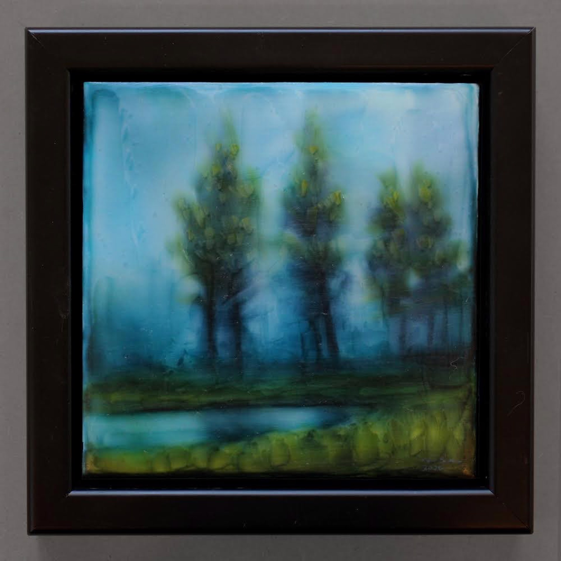 A painting of three trees in a field with a lake in the background.