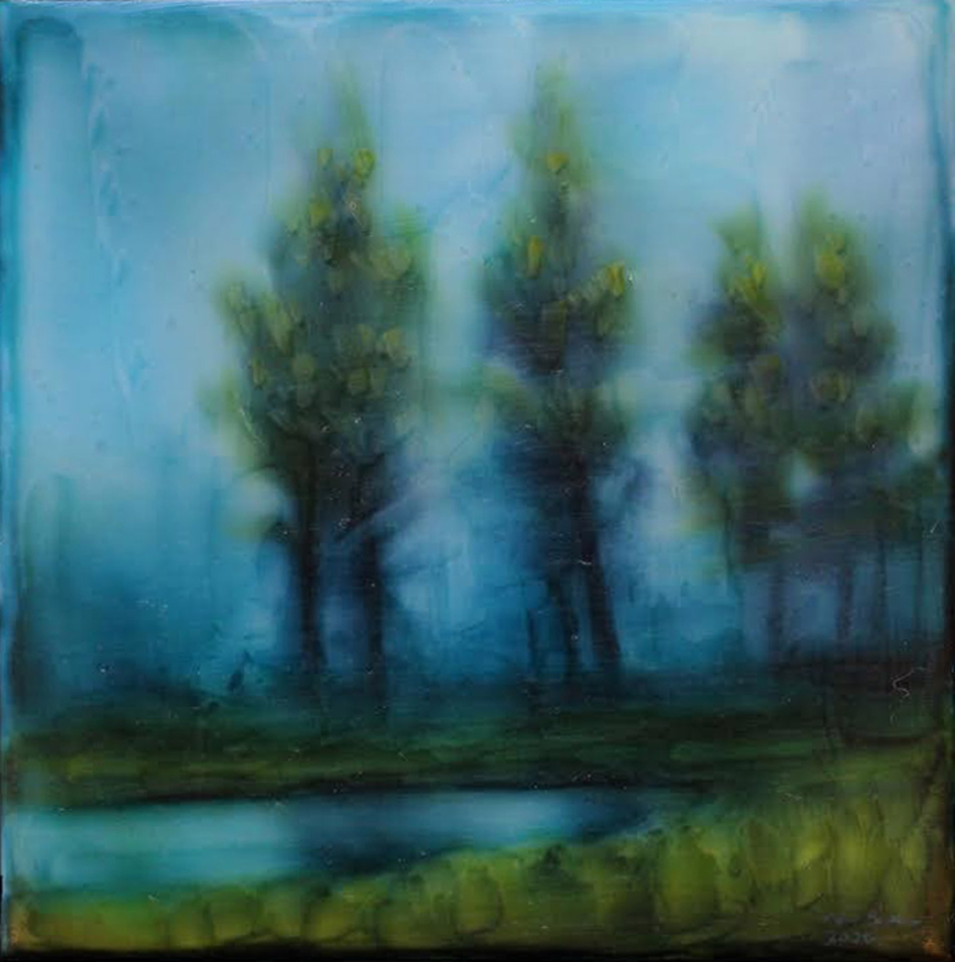 A painting of three trees in a field with a lake in the background.