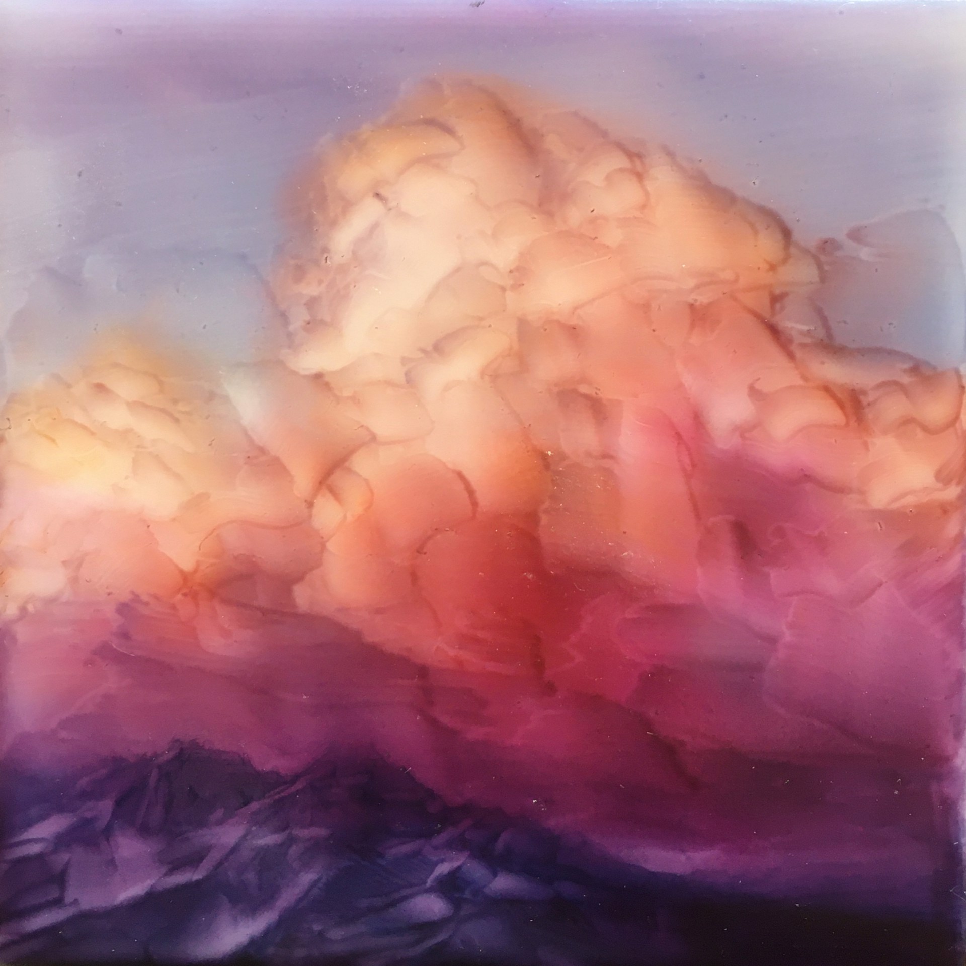 A painting of a cloudy sky with mountains in the background.