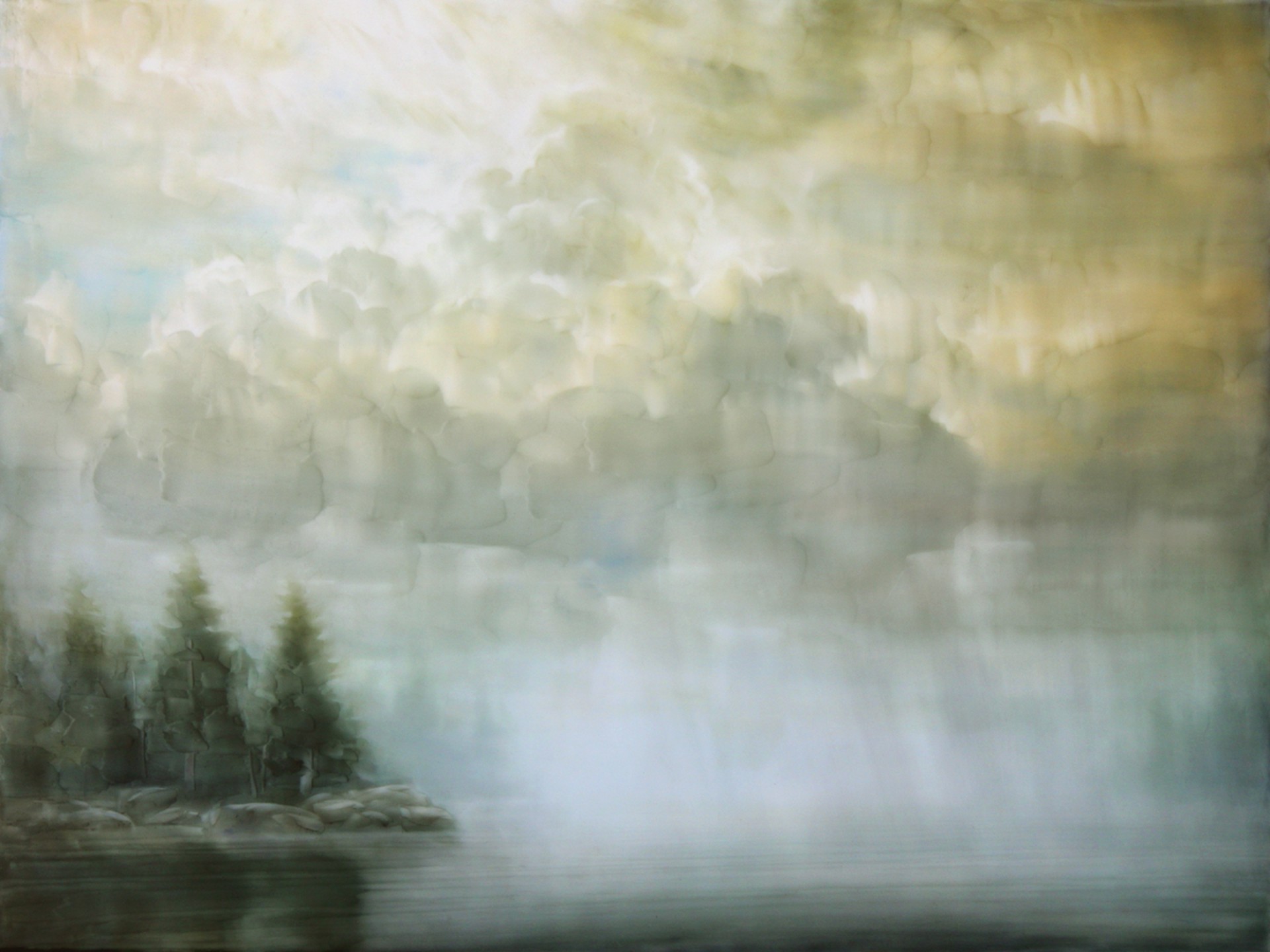 A painting of a cloudy sky over a body of water.