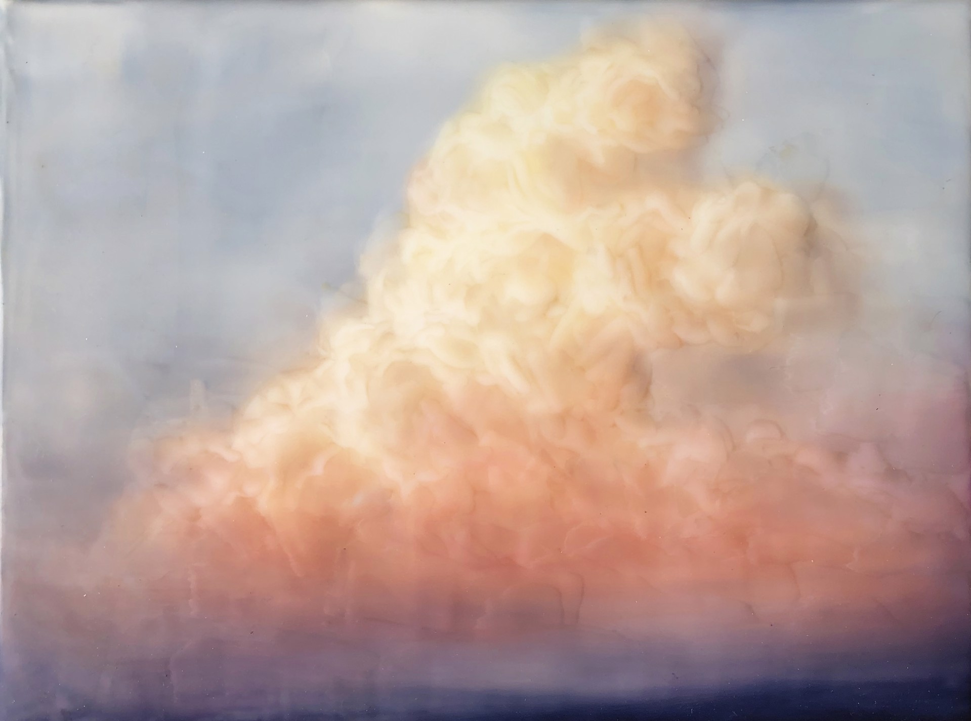 A painting of a cloud in the sky over a body of water.