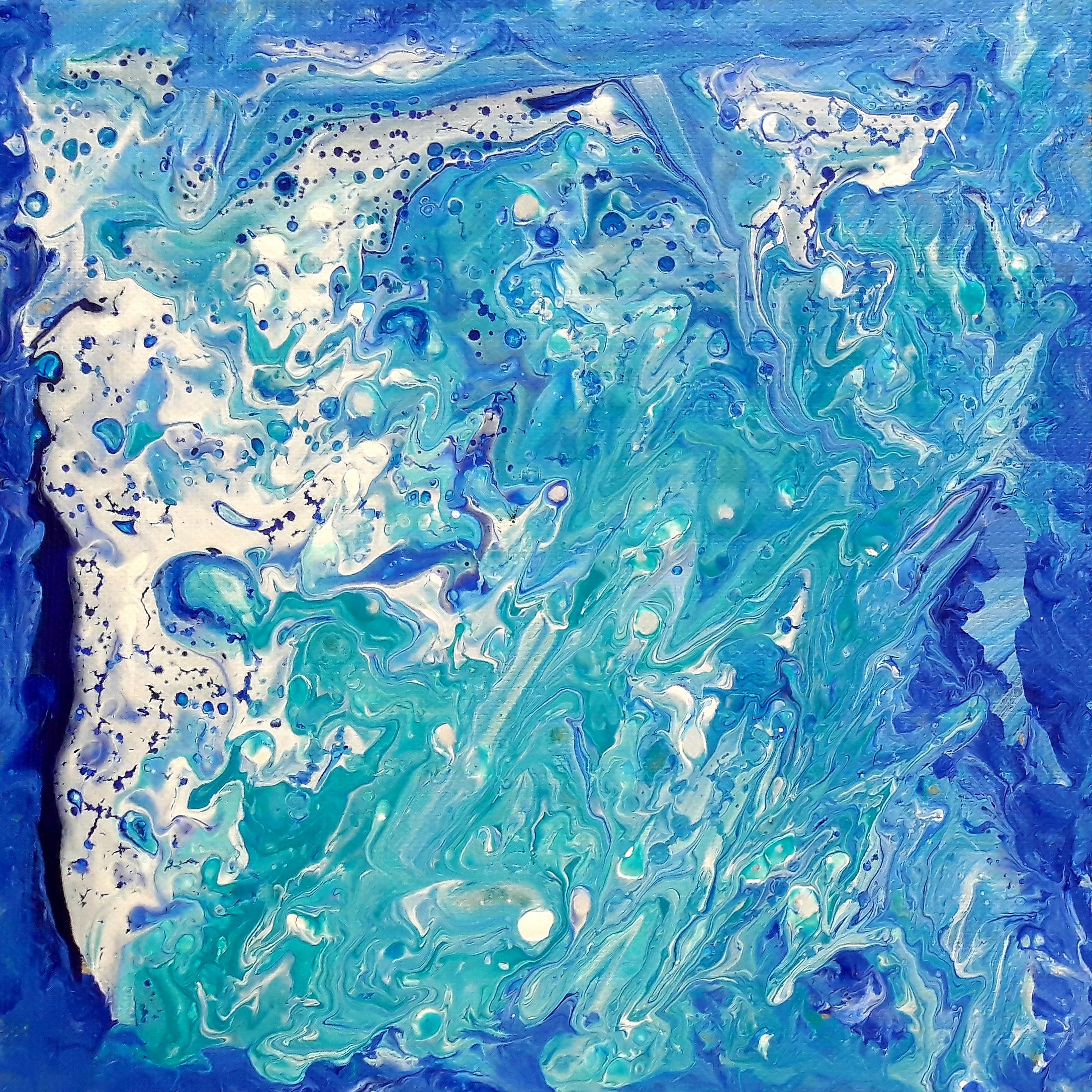 A painting of blue and white swirls on a blue background.